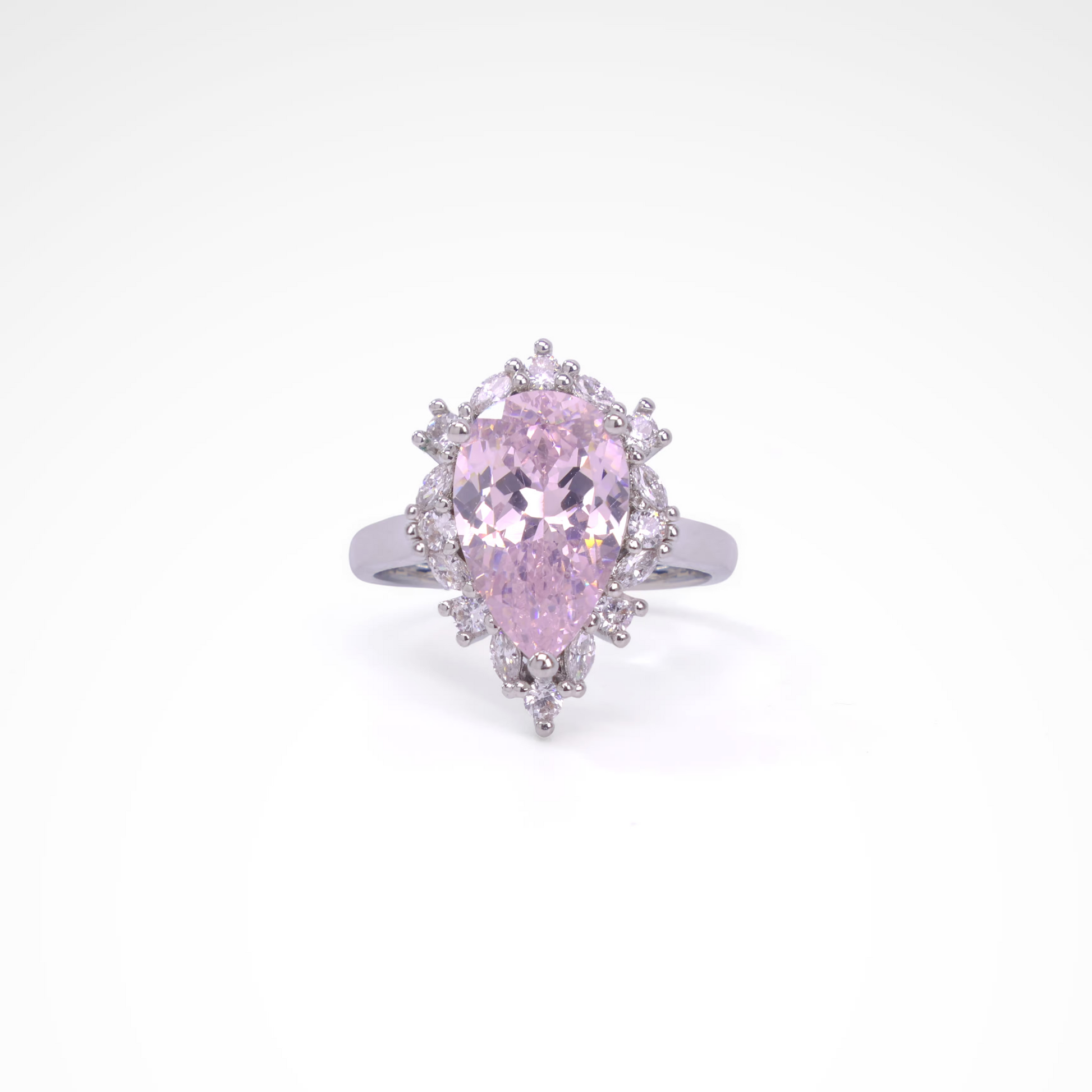 Radiant Blush Pear-Cut Halo Cocktail Ring, white-gold plated copper with zircon stones with a white background