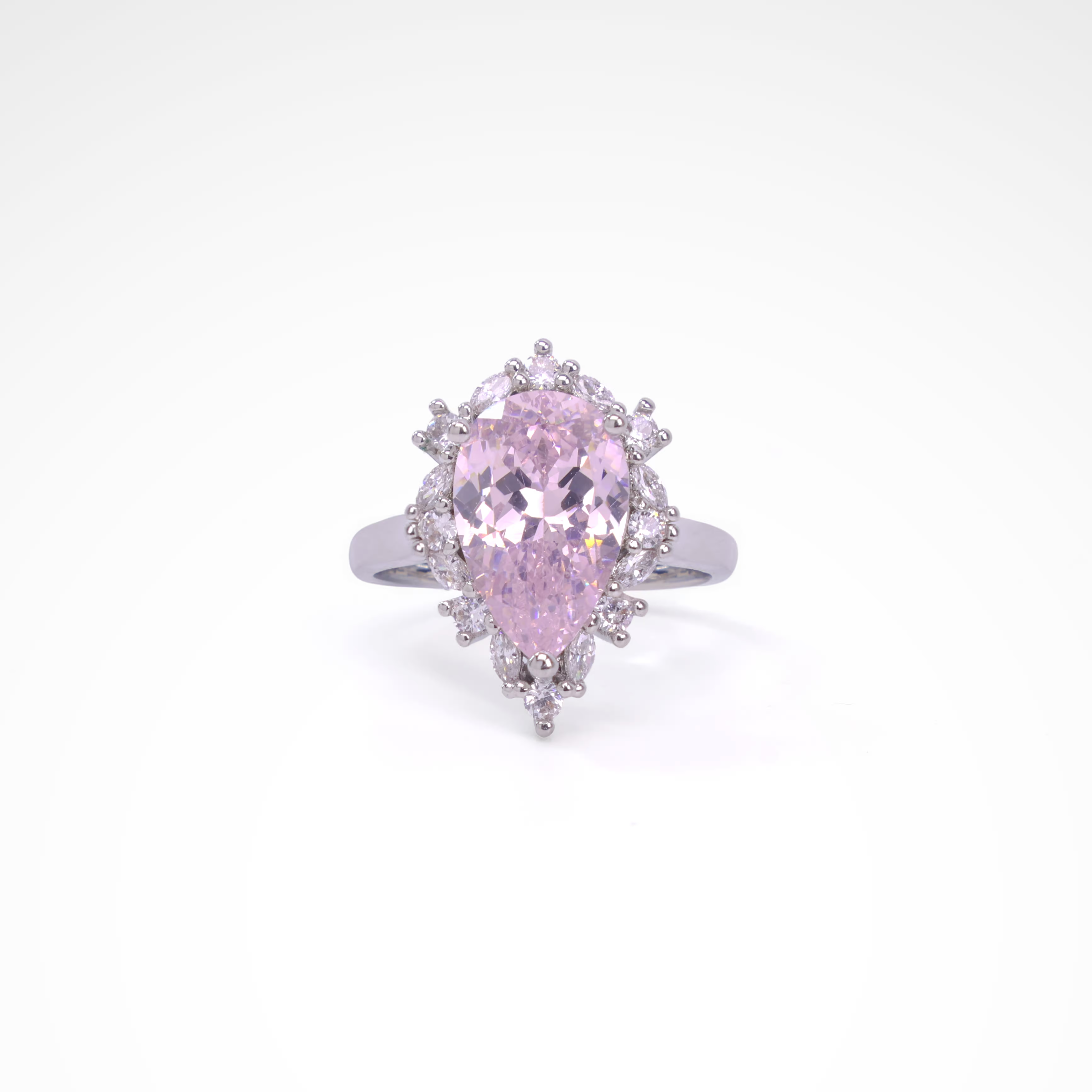 Radiant Blush Pear-Cut Halo Cocktail Ring, white-gold plated copper with zircon stones with a white background
