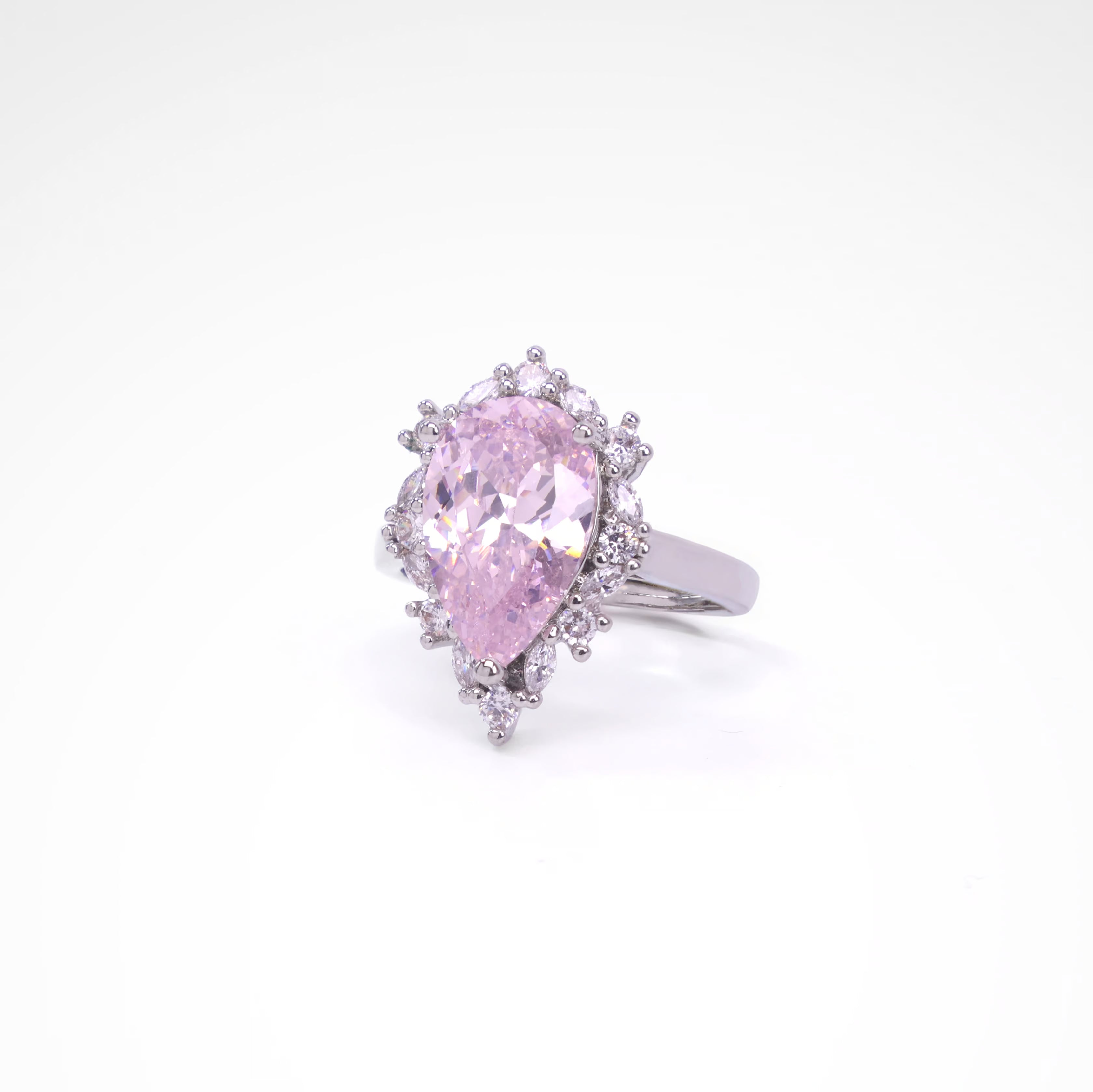 Radiant Blush Pear-Cut Halo Cocktail Ring, white-gold plated copper with zircon stones with a white background