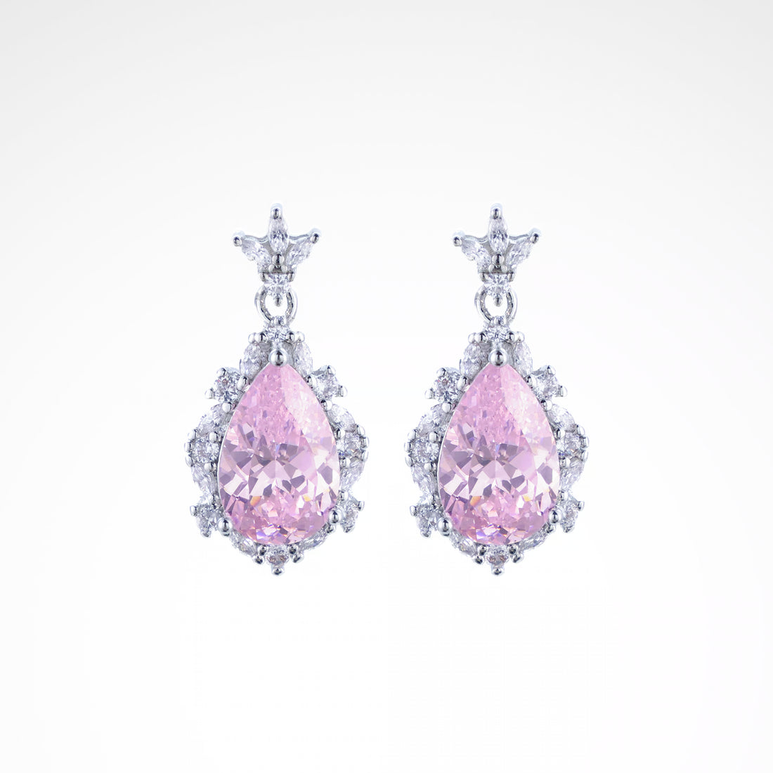 Radiant Blush Pear-Cut Halo Drop Earrings, white-gold plated copper with zircon stones with a white background