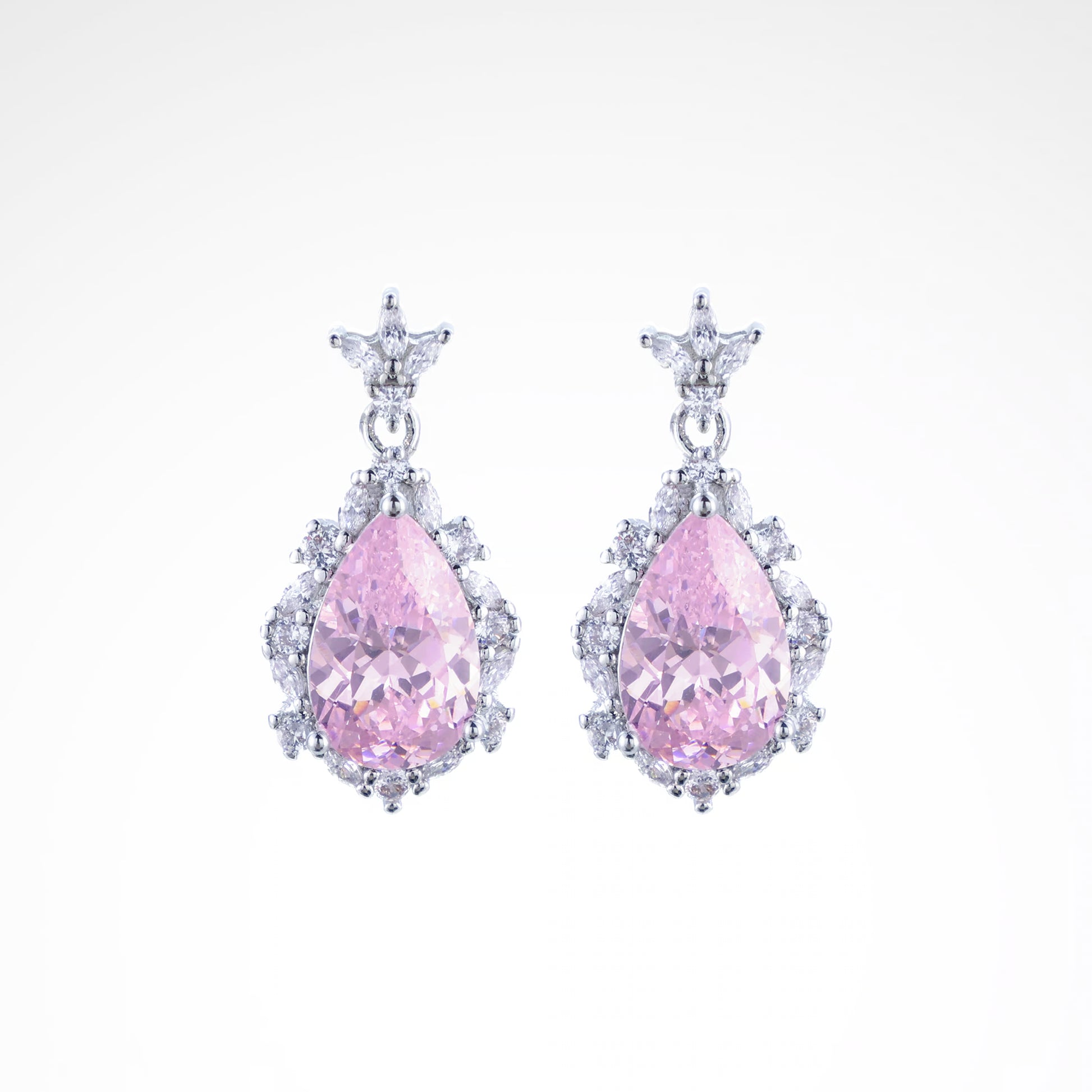 Radiant Blush Pear-Cut Halo Drop Earrings, white-gold plated copper with zircon stones with a white background