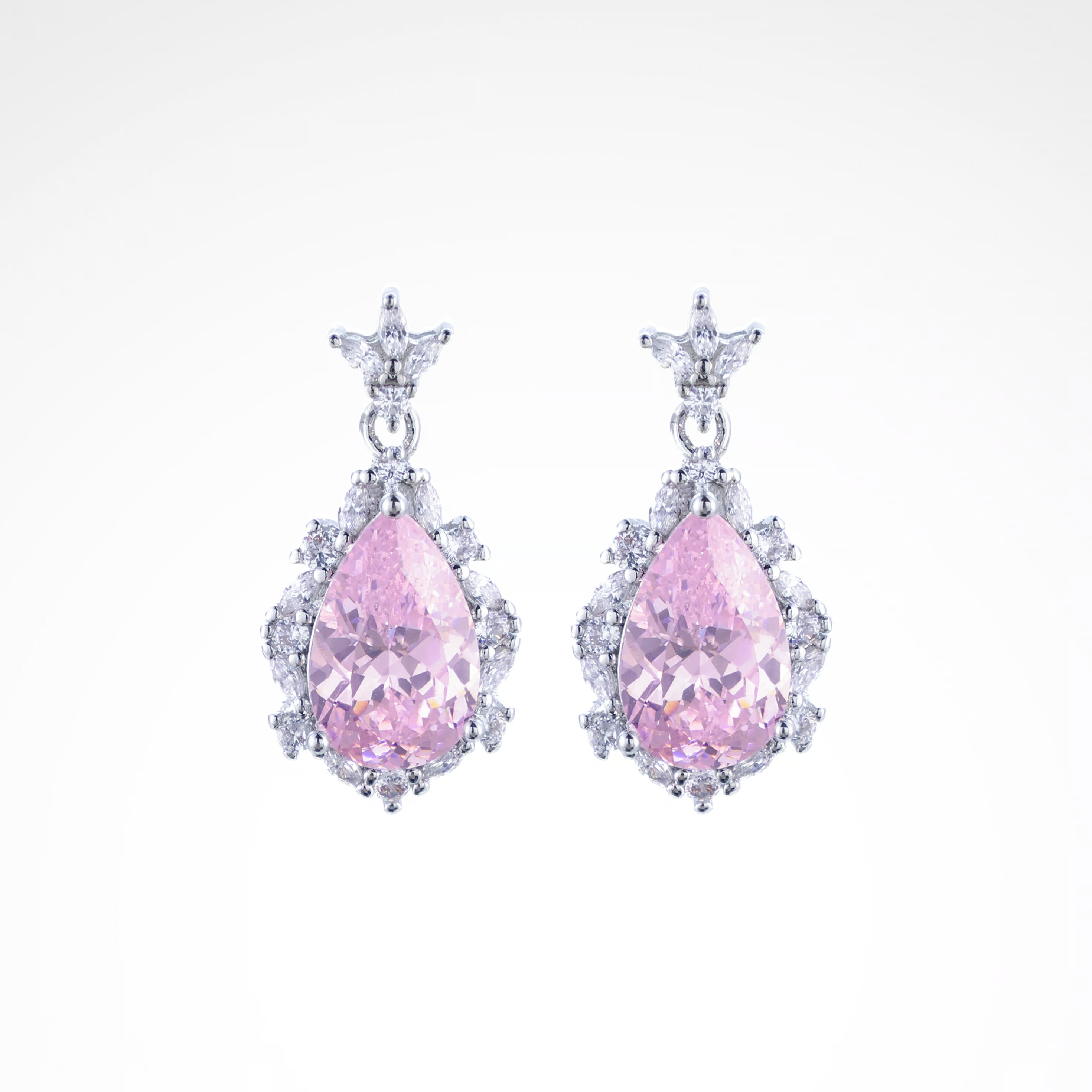 Radiant Blush Pear-Cut Halo Drop Earrings, white-gold plated copper with zircon stones with a white background