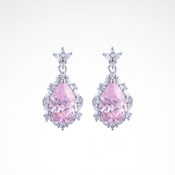 Radiant Blush Pear-Cut Halo Drop Earrings, white-gold plated copper with zircon stones with a white background