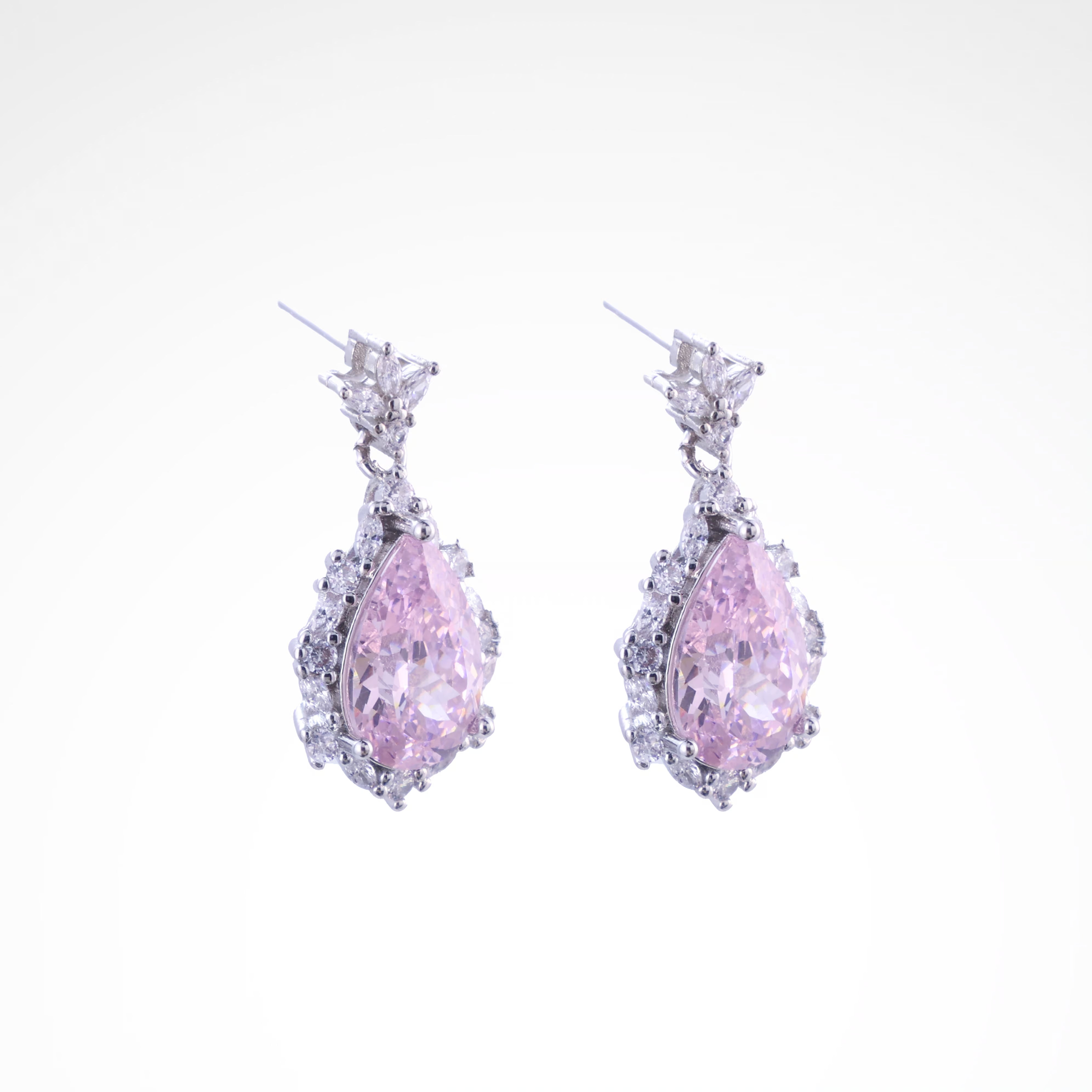Radiant Blush Pear-Cut Halo Drop Earrings, white-gold plated copper with zircon stones with a white background