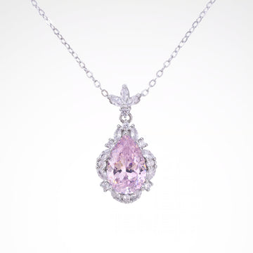 Radiant Blush Pear-Cut Halo Pendant Necklace, white-gold plated copper with zircon stones with a white background