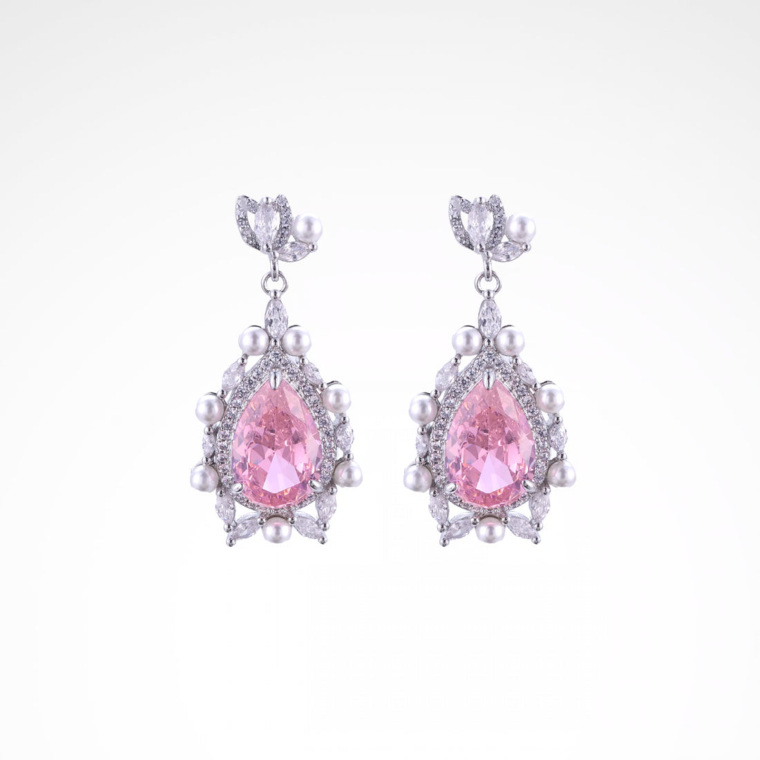 Regal Blush Pearl & Crystal Pear-Cut Drop Earrings, white-gold plated copper with zircon stones with a white background