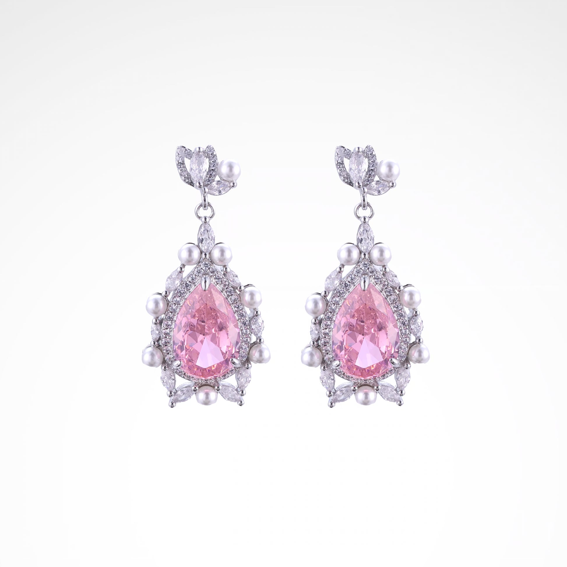 Regal Blush Pearl & Crystal Pear-Cut Drop Earrings, white-gold plated copper with zircon stones with a white background