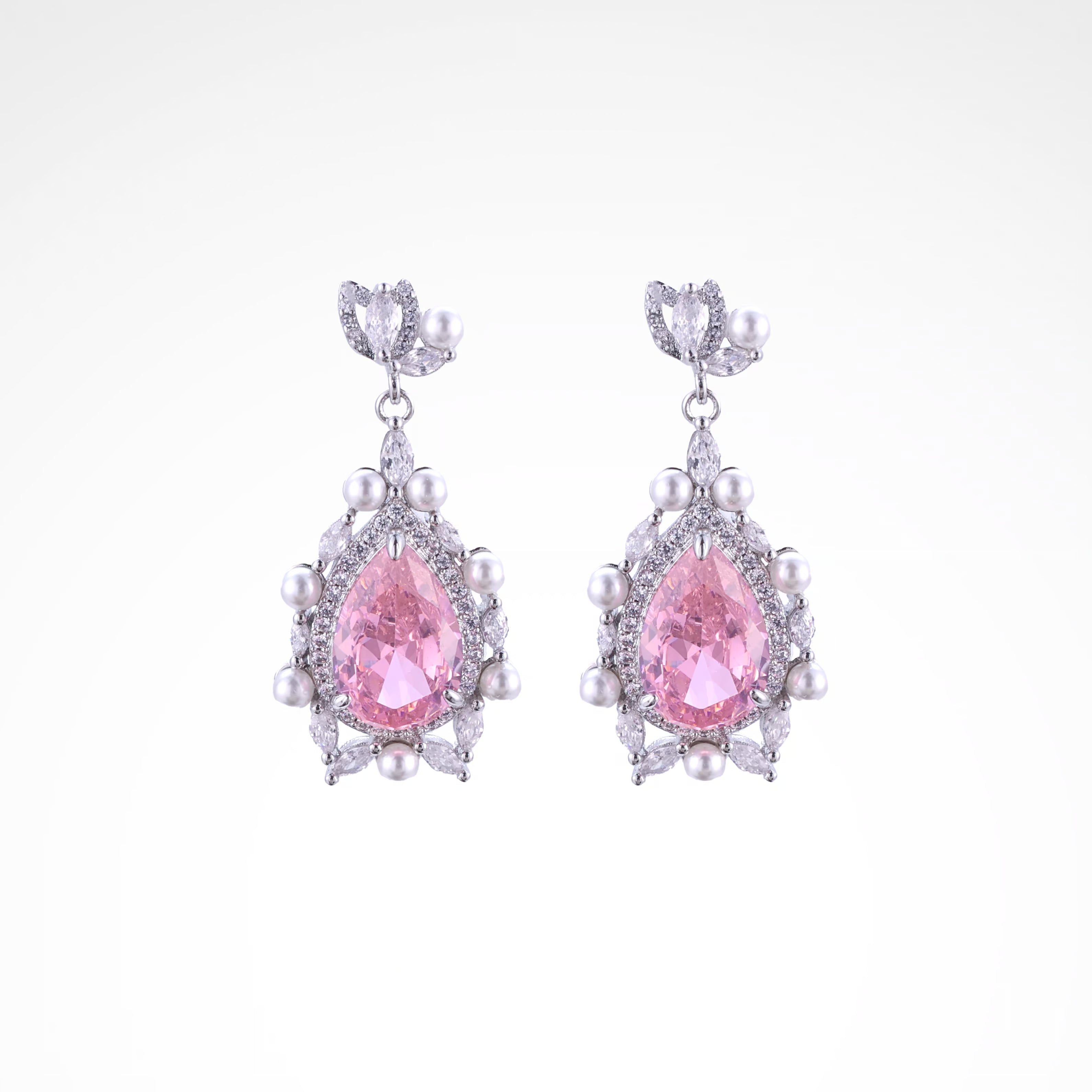 Regal Blush Pearl & Crystal Pear-Cut Drop Earrings, white-gold plated copper with zircon stones with a white background