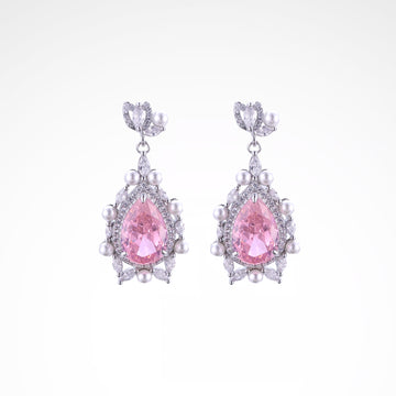Regal Blush Pearl & Crystal Pear-Cut Drop Earrings, white-gold plated copper with zircon stones with a white background