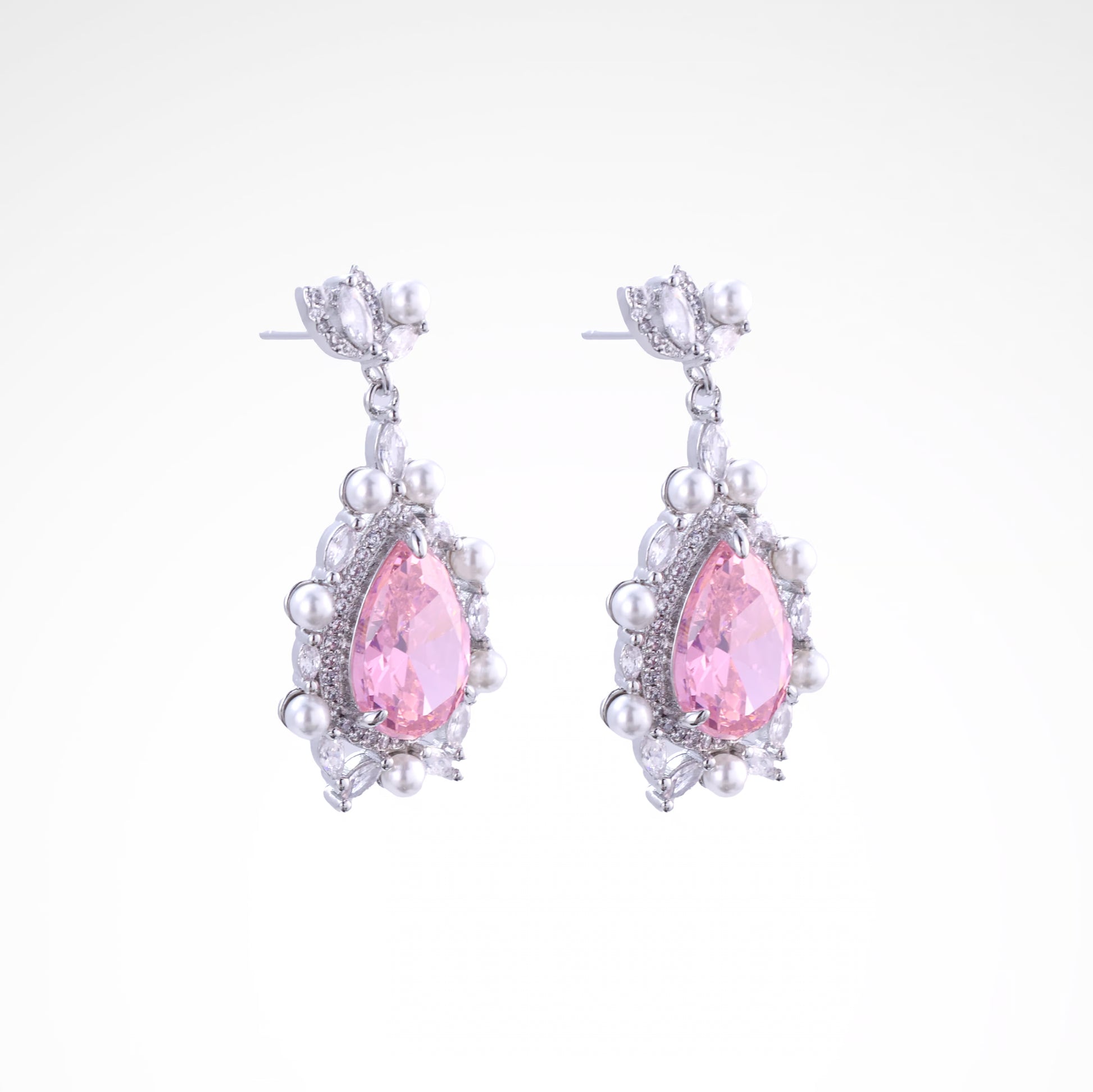 Regal Blush Pearl & Crystal Pear-Cut Drop Earrings, white-gold plated copper with zircon stones with a white background