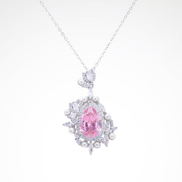 Regal Blush Pearl & Crystal Pear-Cut Pendant, white-gold plated copper with zircon stones with a white background