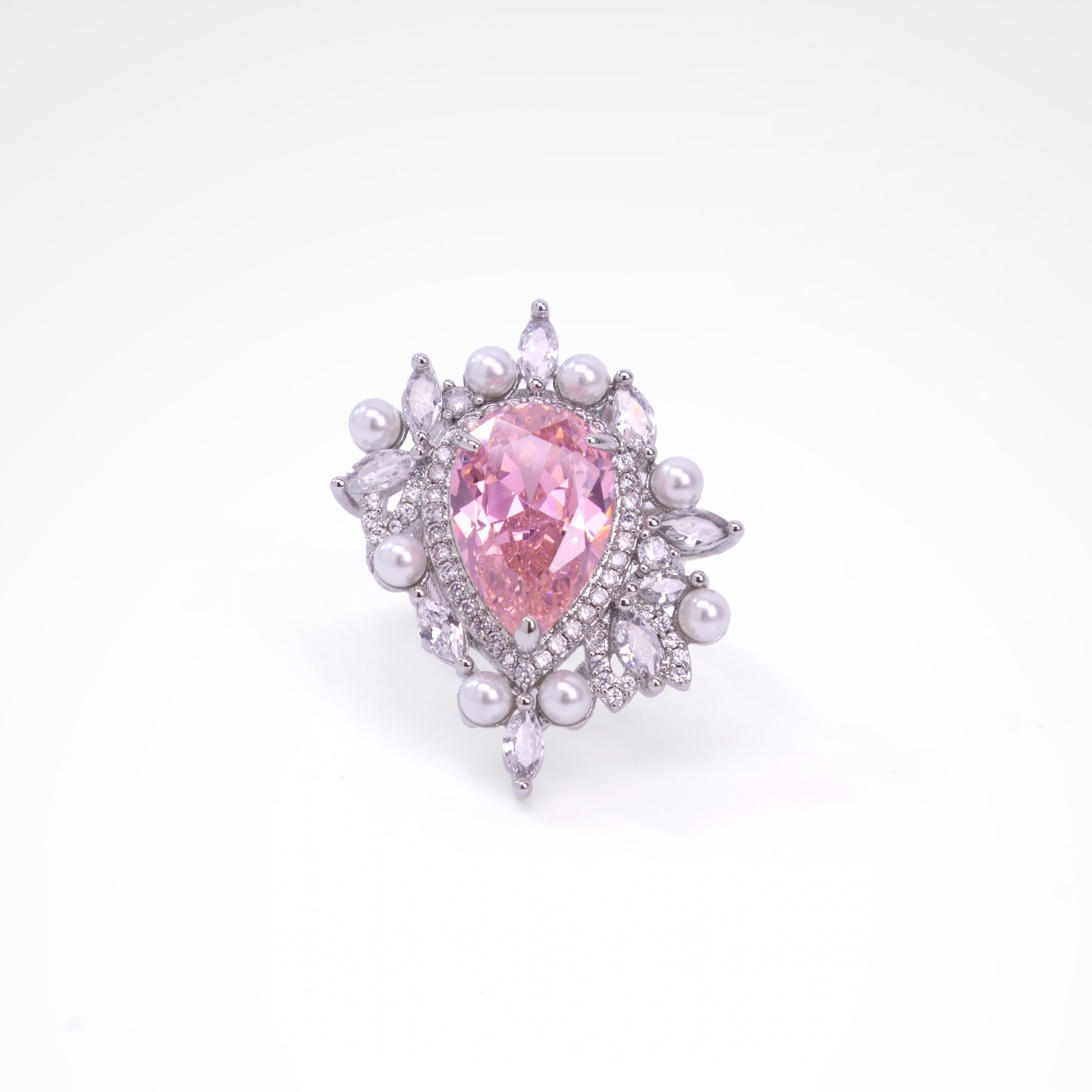 Regal Blush Pearl & Crystal Pear-Cut Ring, white-gold plated copper with zircon stones with a white background