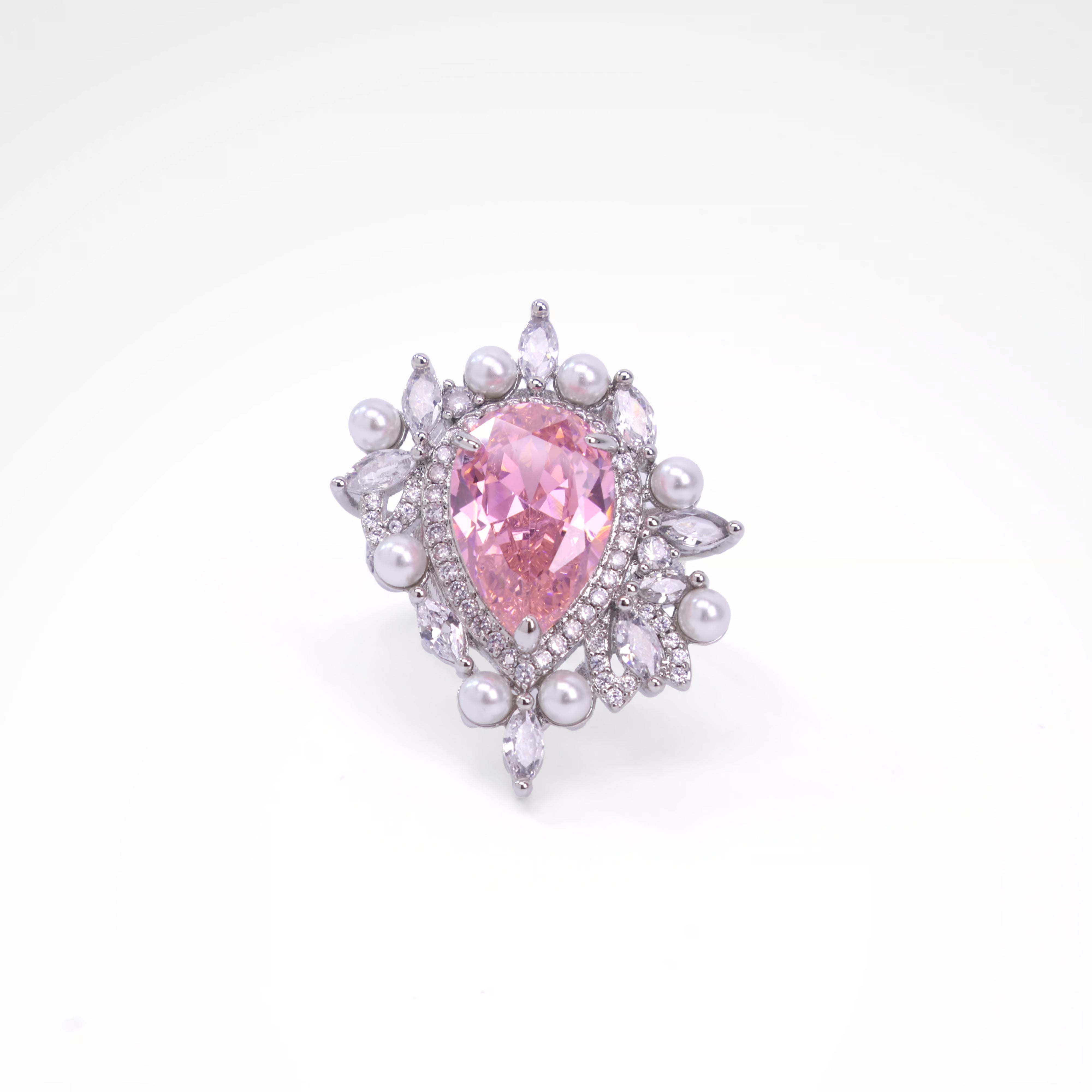 Regal Blush Pearl & Crystal Pear-Cut Ring, white-gold plated copper with zircon stones with a white background