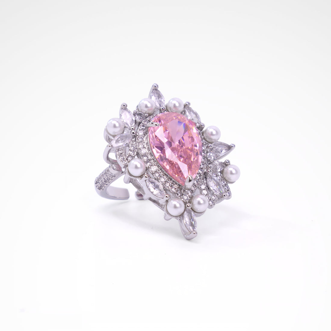 Regal Blush Pearl & Crystal Pear-Cut Ring, white-gold plated copper with zircon stones with a white background
