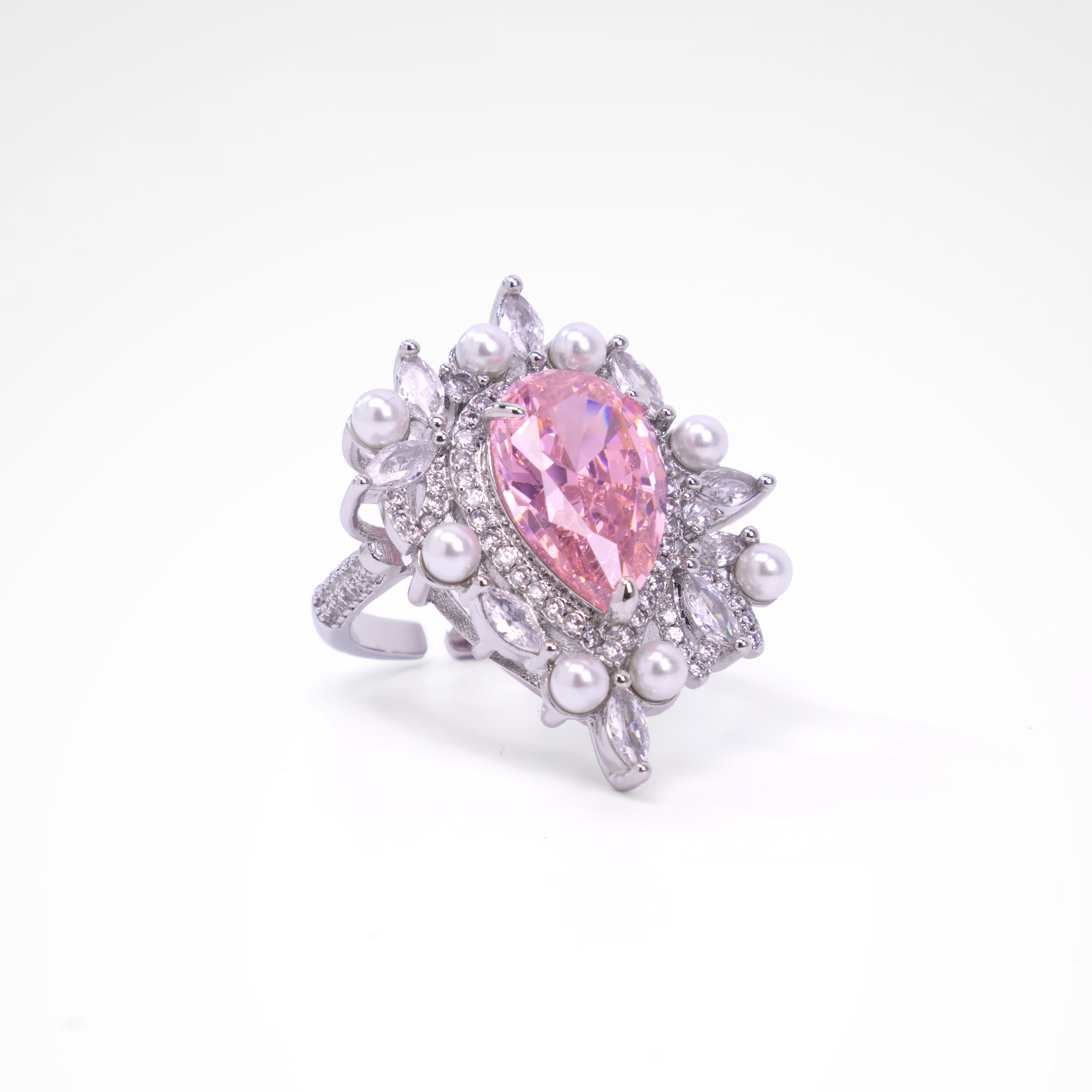 Regal Blush Pearl & Crystal Pear-Cut Ring, white-gold plated copper with zircon stones with a white background