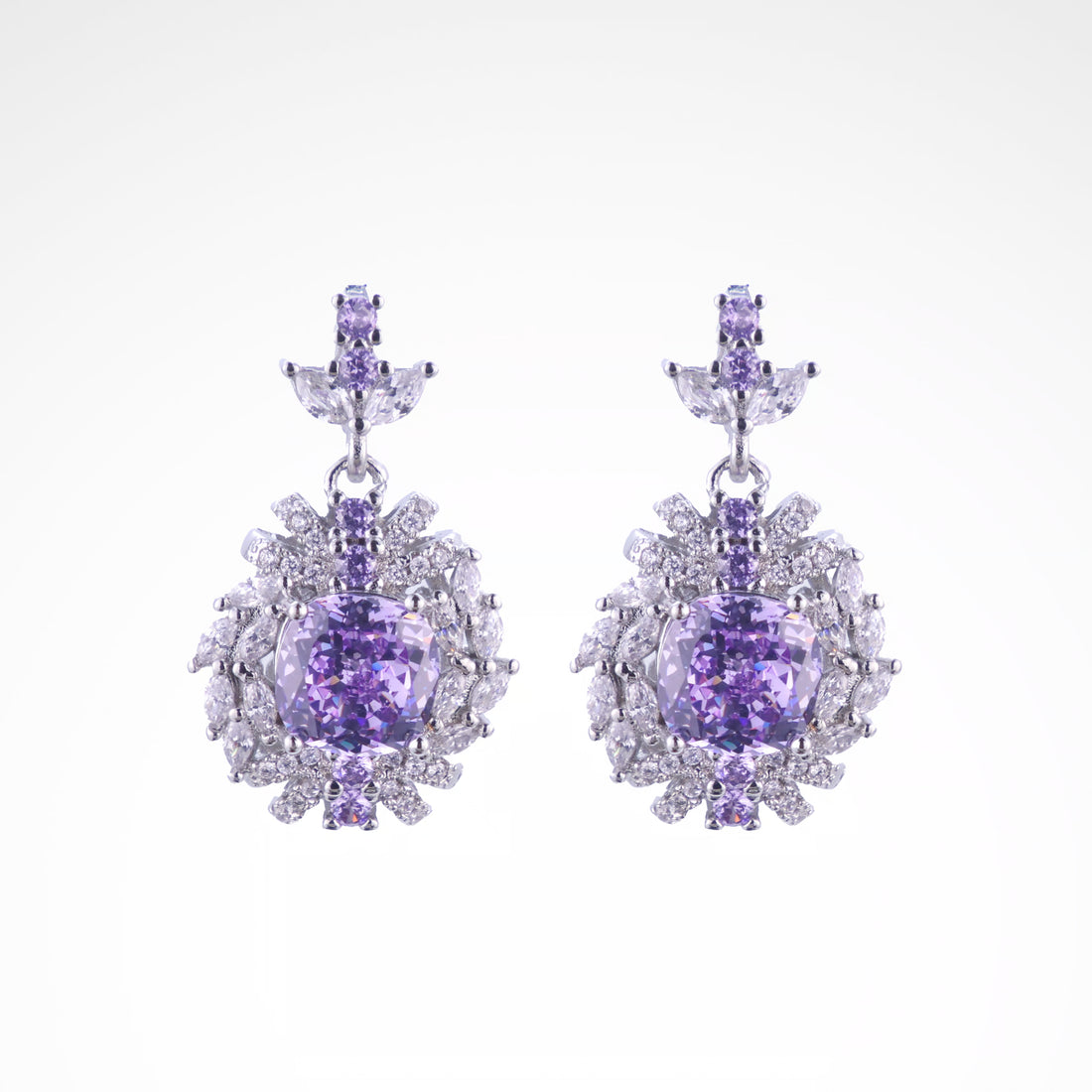 Regal Violet Cushion-Cut Floral Drop Earrings, white-gold plated copper with zircon stones with a white background