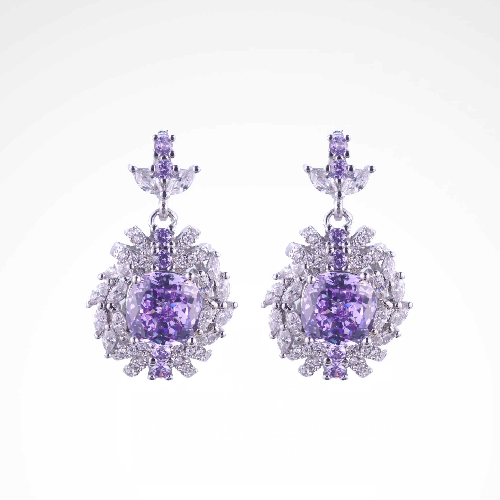 Regal Violet Cushion-Cut Floral Drop Earrings, white-gold plated copper with zircon stones with a white background
