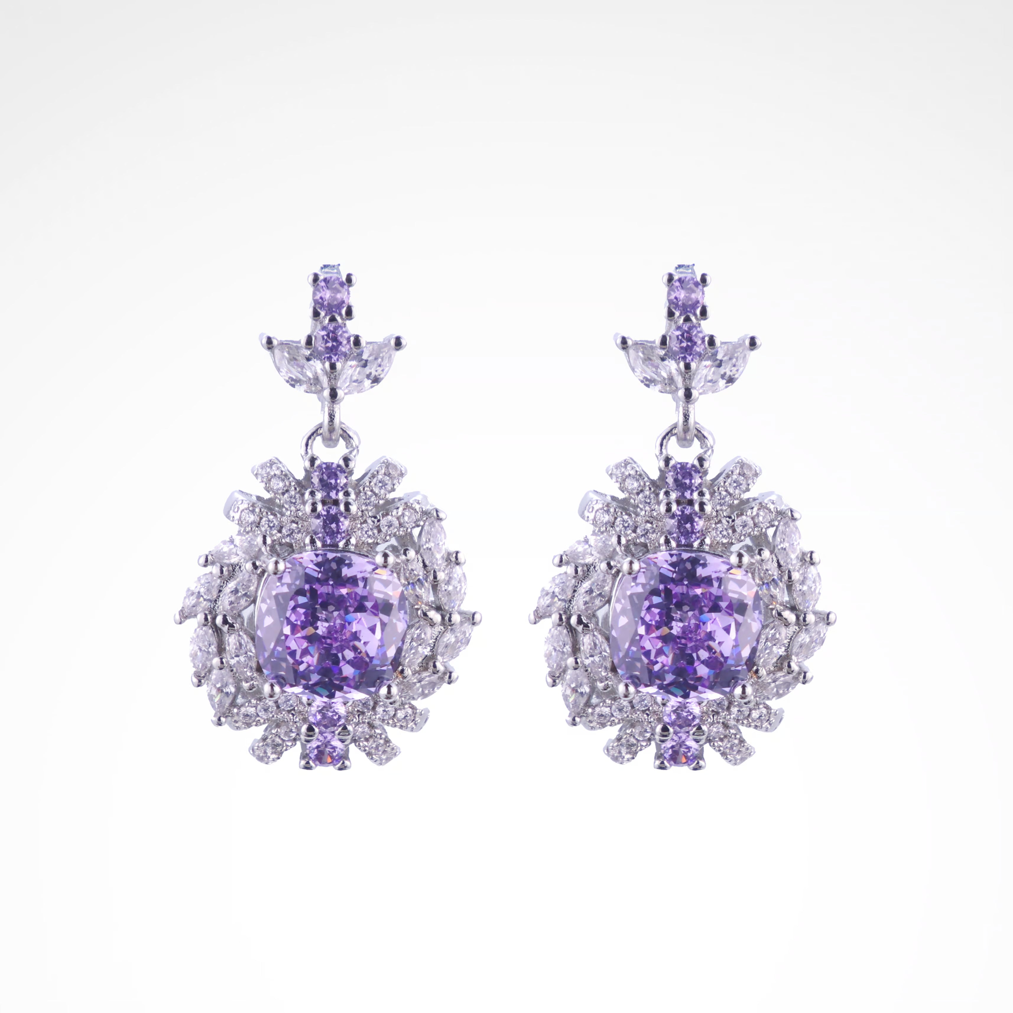 Regal Violet Cushion-Cut Floral Drop Earrings, white-gold plated copper with zircon stones with a white background