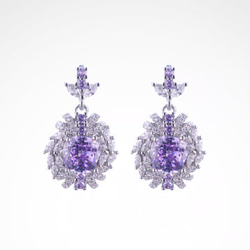 Regal Violet Cushion-Cut Floral Drop Earrings, white-gold plated copper with zircon stones with a white background