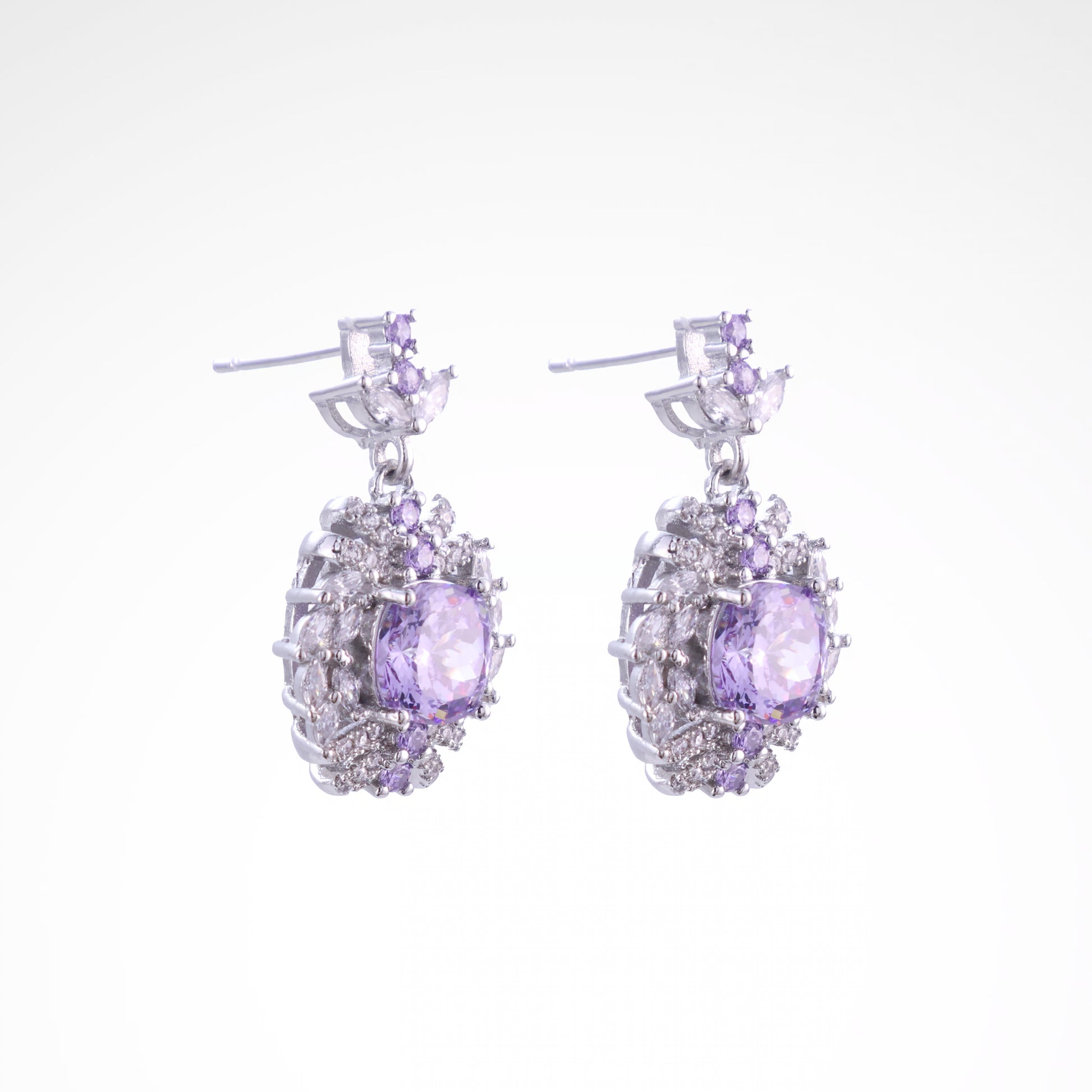 Regal Violet Cushion-Cut Floral Drop Earrings, white-gold plated copper with zircon stones with a white background