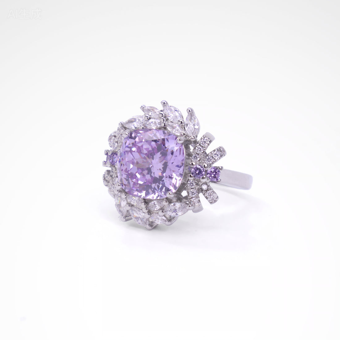Regal Violet Cushion-Cut Floral Halo Ring, white-gold plated copper with zircon stones on a white background