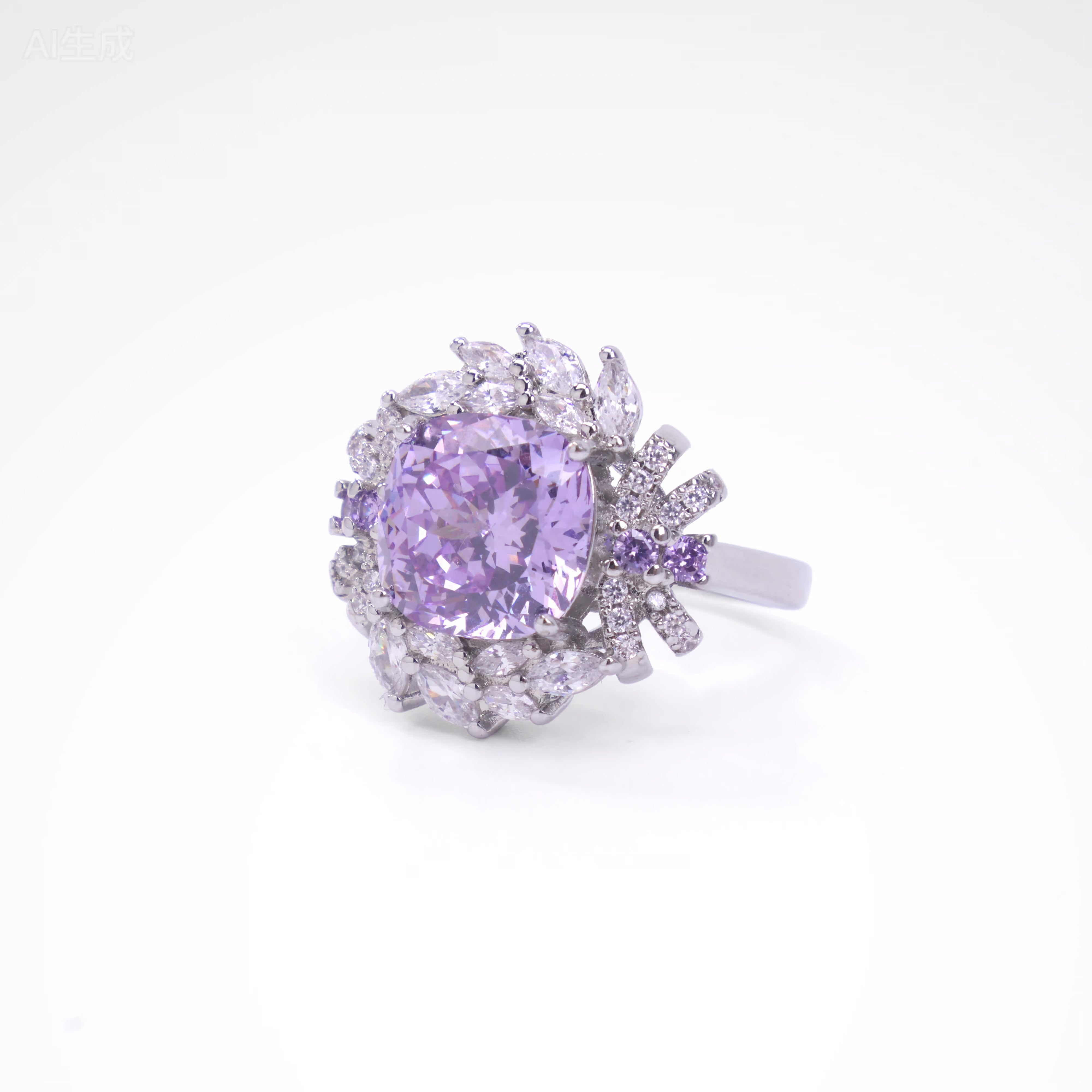 Regal Violet Cushion-Cut Floral Halo Ring, white-gold plated copper with zircon stones on a white background