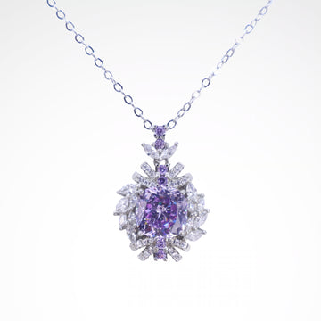 Regal Violet Cushion-Cut Floral Pendant Necklace, white-gold plated copper with zircon stones with a white background