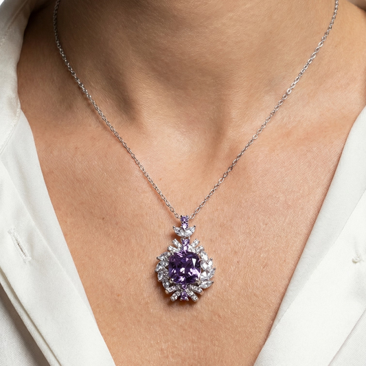 Regal Violet Cushion-Cut Floral Pendant Necklace