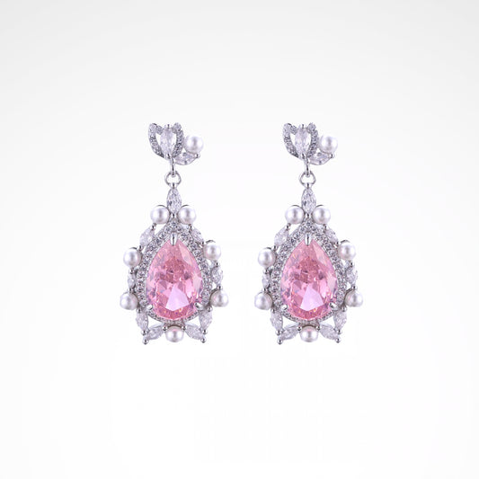 Sparkslette Pink Teardrop Pearl and Crystal Drop Earrings