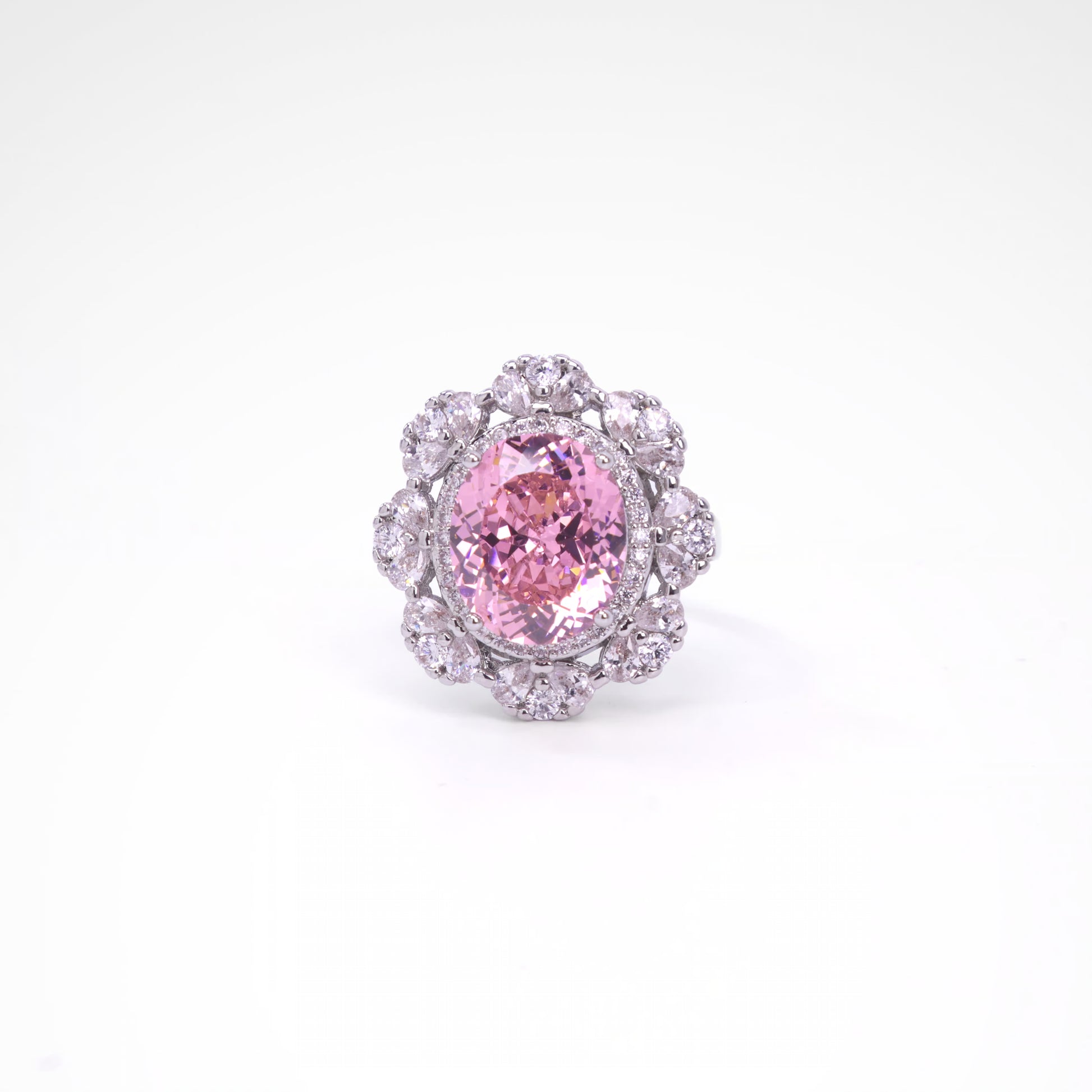 Royal Blush Oval Blossom Cocktail Ring, white-gold plated copper with zircon stones with a white background