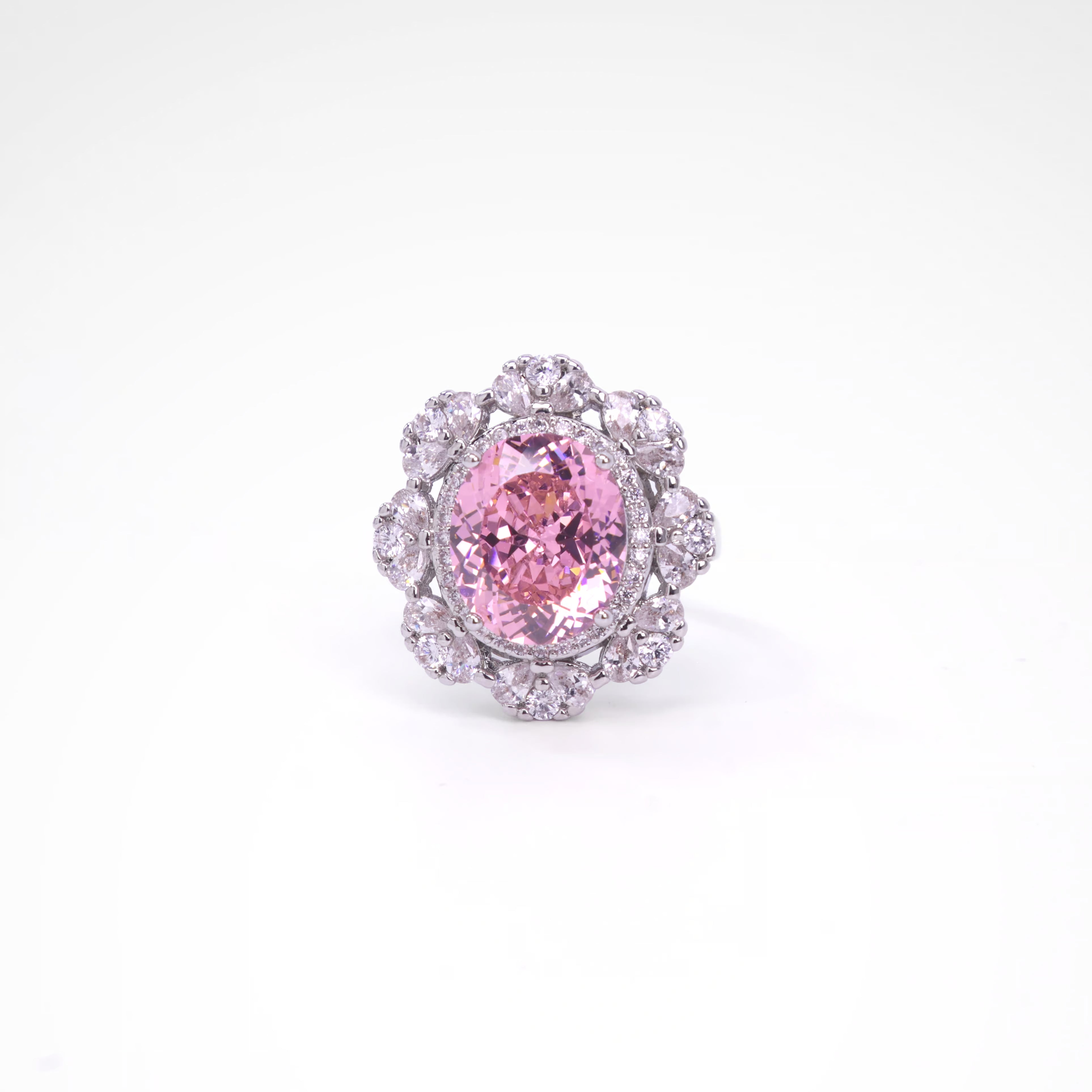 Royal Blush Oval Blossom Cocktail Ring, white-gold plated copper with zircon stones with a white background