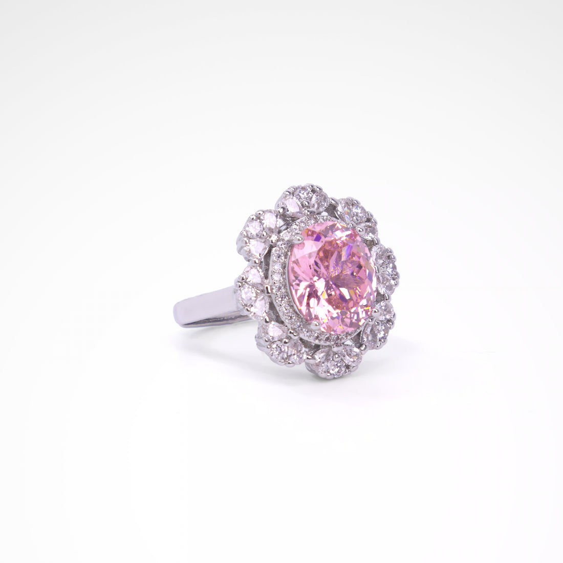 Royal Blush Oval Blossom Cocktail Ring, white-gold plated copper with zircon stones with a white background
