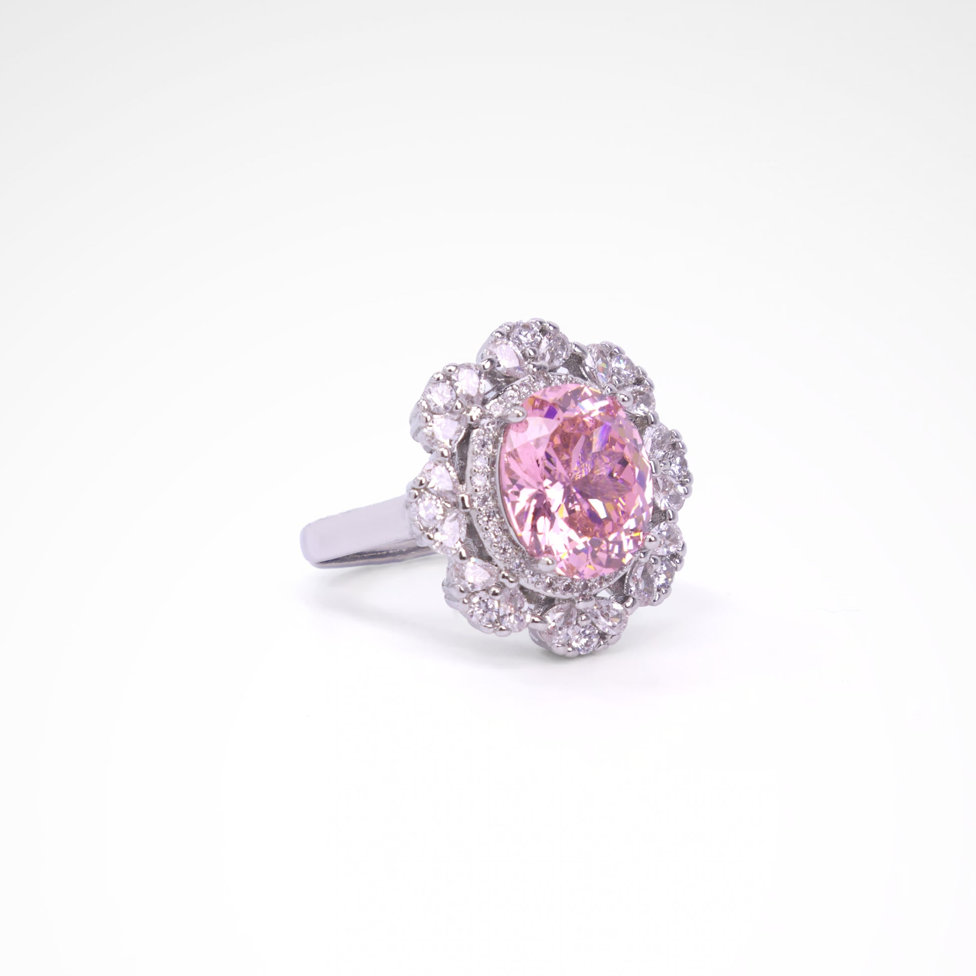 Royal Blush Oval Blossom Cocktail Ring, white-gold plated copper with zircon stones with a white background