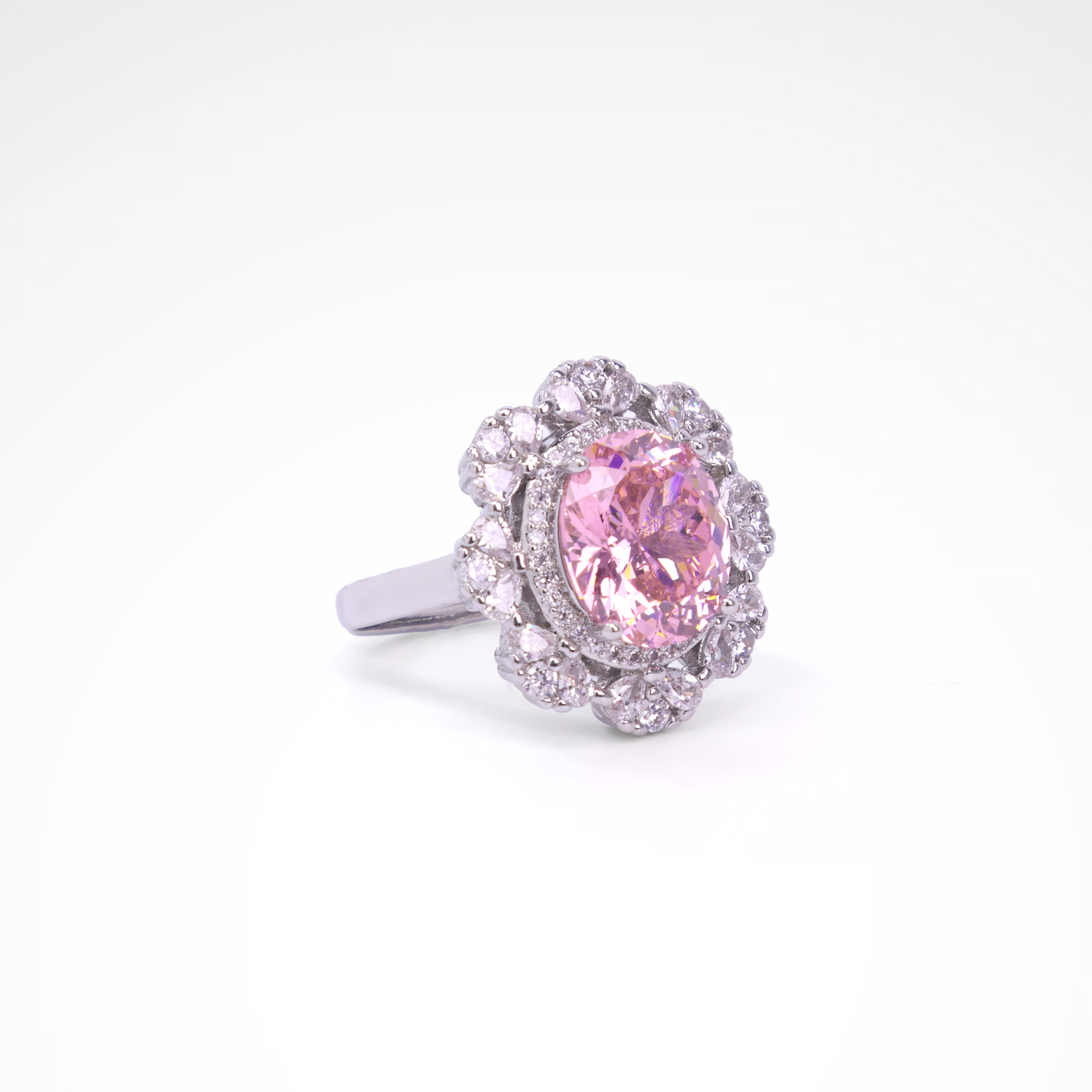 Royal Blush Oval Blossom Cocktail Ring, white-gold plated copper with zircon stones with a white background
