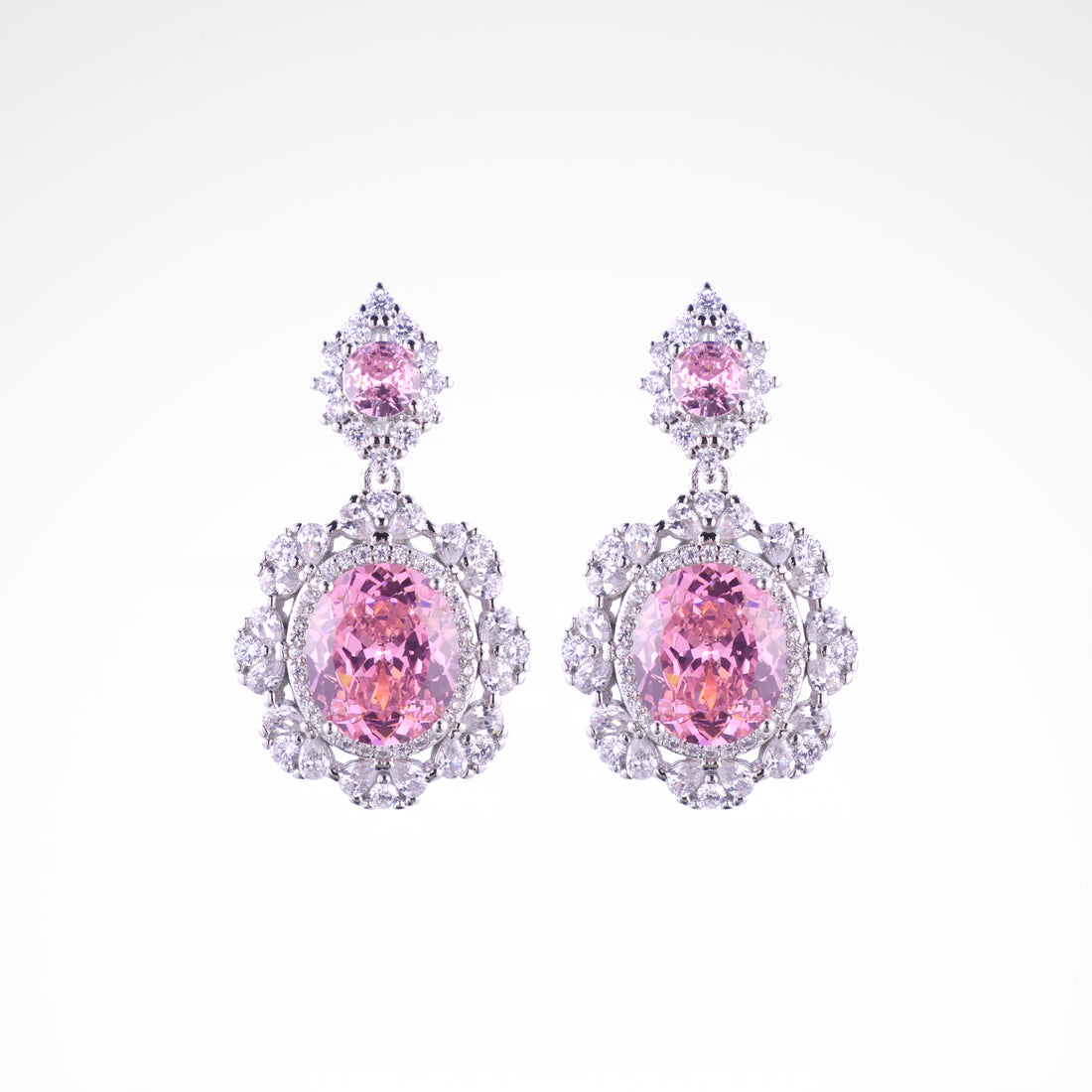 Royal Blush Oval Blossom Drop Earrings, white-gold plated copper with zircon stones with a white background