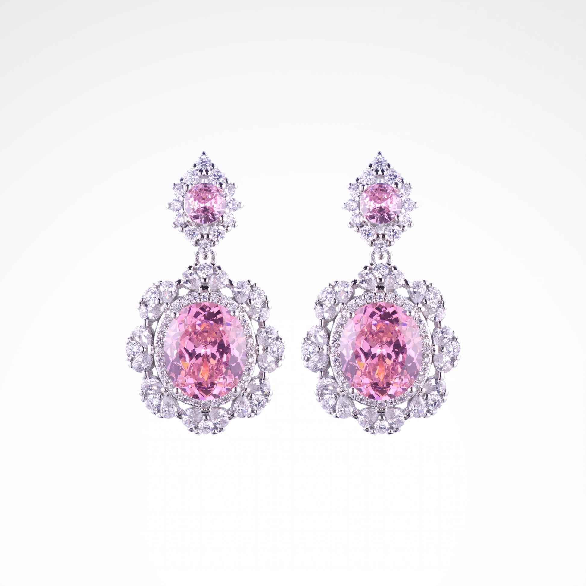 Royal Blush Oval Blossom Drop Earrings, white-gold plated copper with zircon stones with a white background