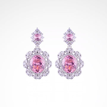 Royal Blush Oval Blossom Drop Earrings, white-gold plated copper with zircon stones with a white background