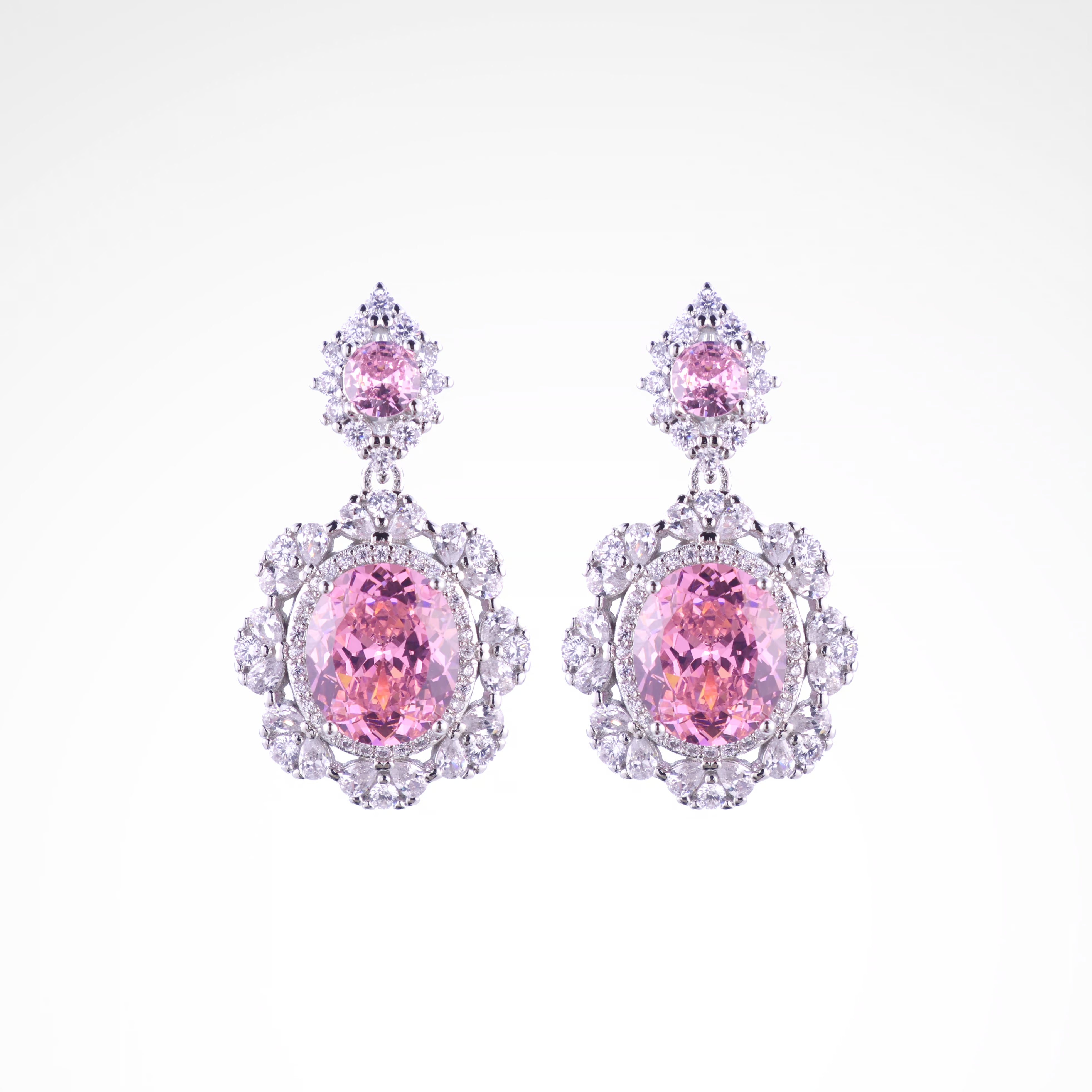 Royal Blush Oval Blossom Drop Earrings, white-gold plated copper with zircon stones with a white background