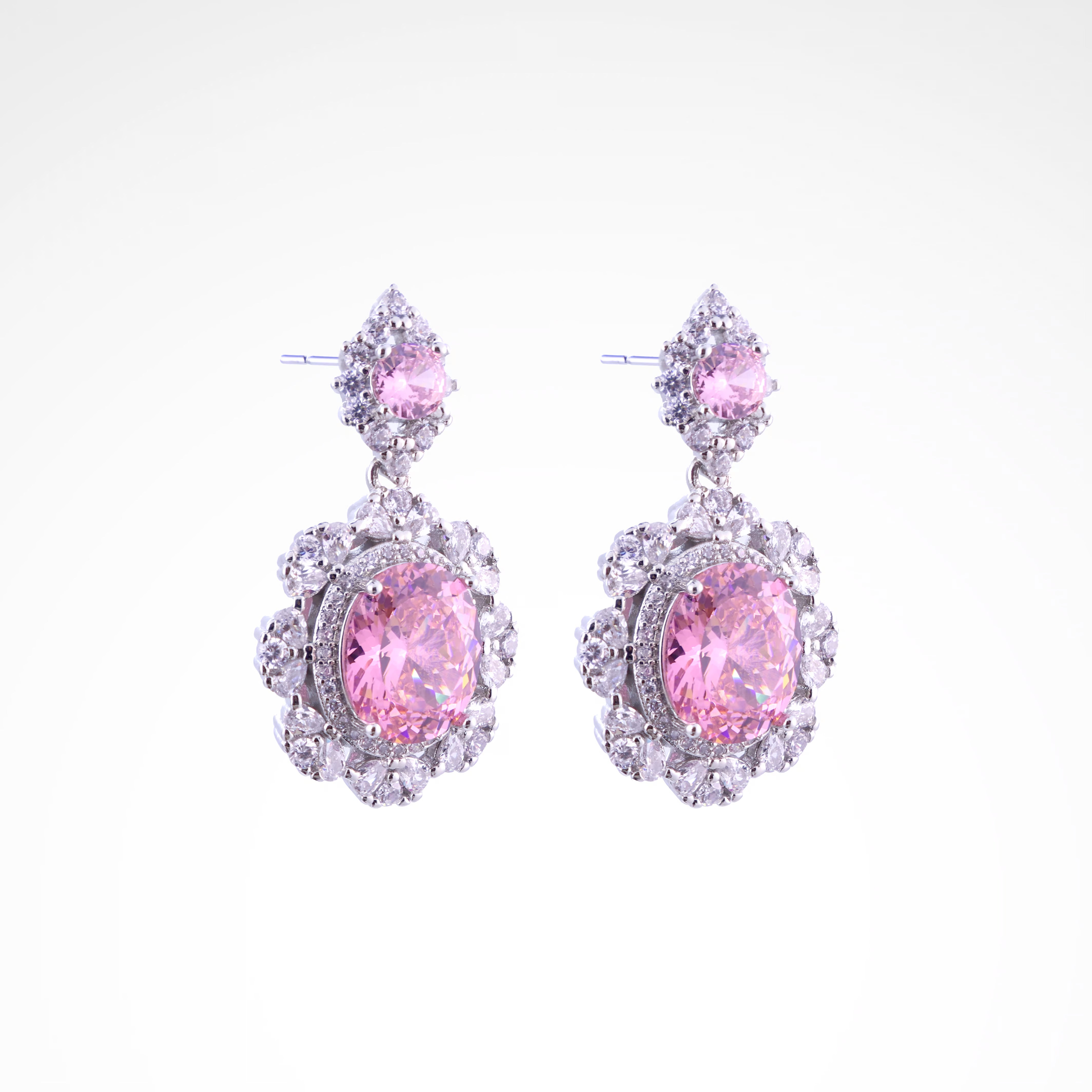 Royal Blush Oval Blossom Drop Earrings, white-gold plated copper with zircon stones with a white background