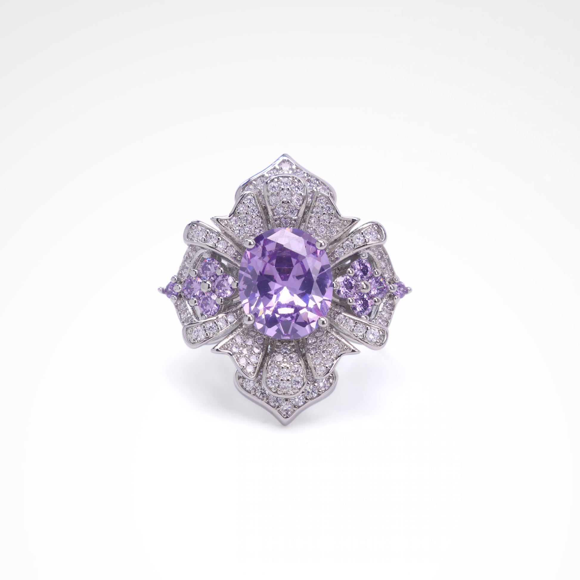 Royal Violet Oval Halo Floral Cocktail Ring, white-gold plated copper with zircon stones with a white background