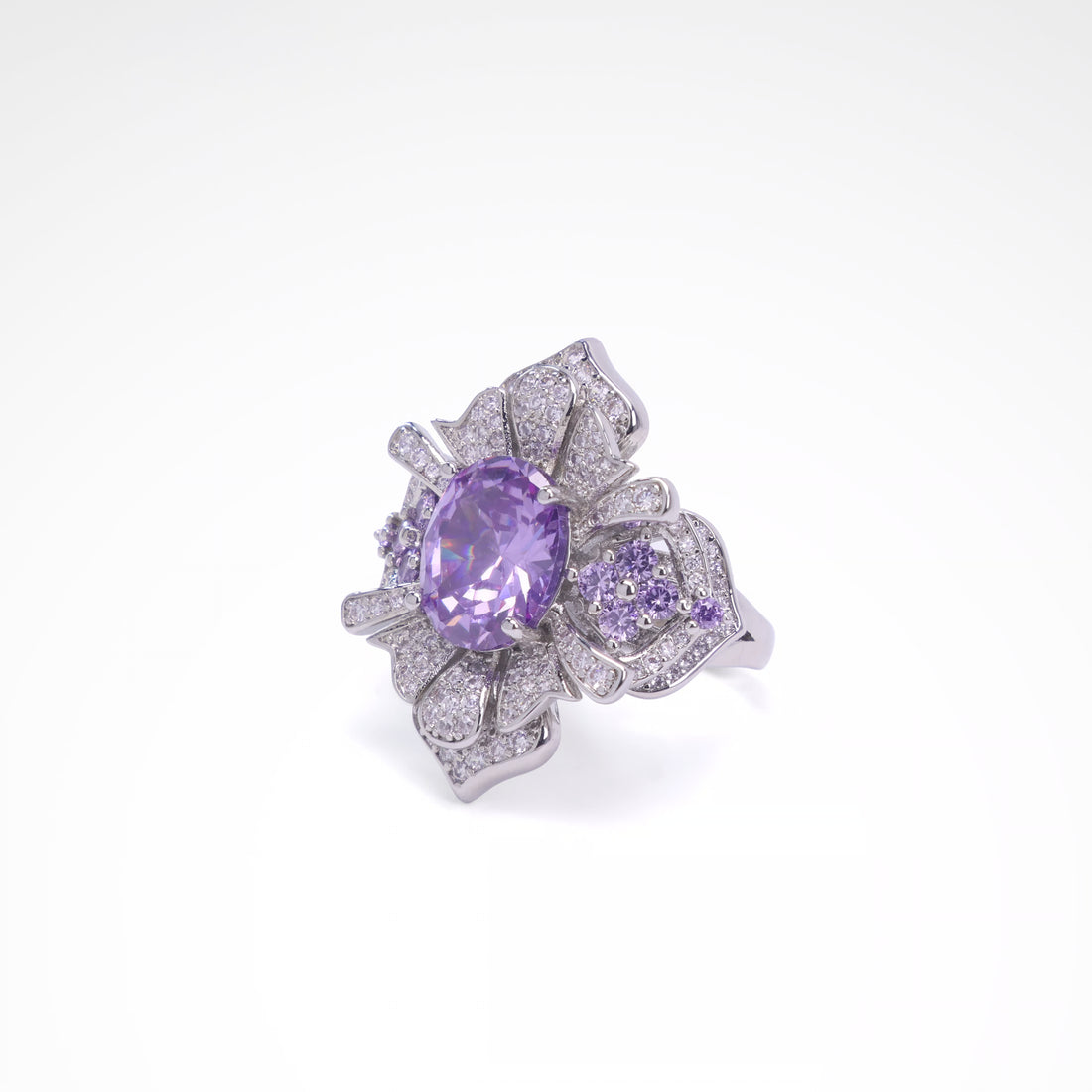 Royal Violet Oval Halo Floral Cocktail Ring, white-gold plated copper with zircon stones with a white background