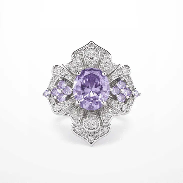 Royal Violet Oval Halo Floral Cocktail Ring