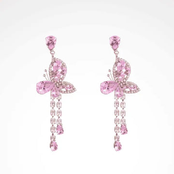 أقراط متدلية شراشيب فراشة الكريستال - وردي خيالي