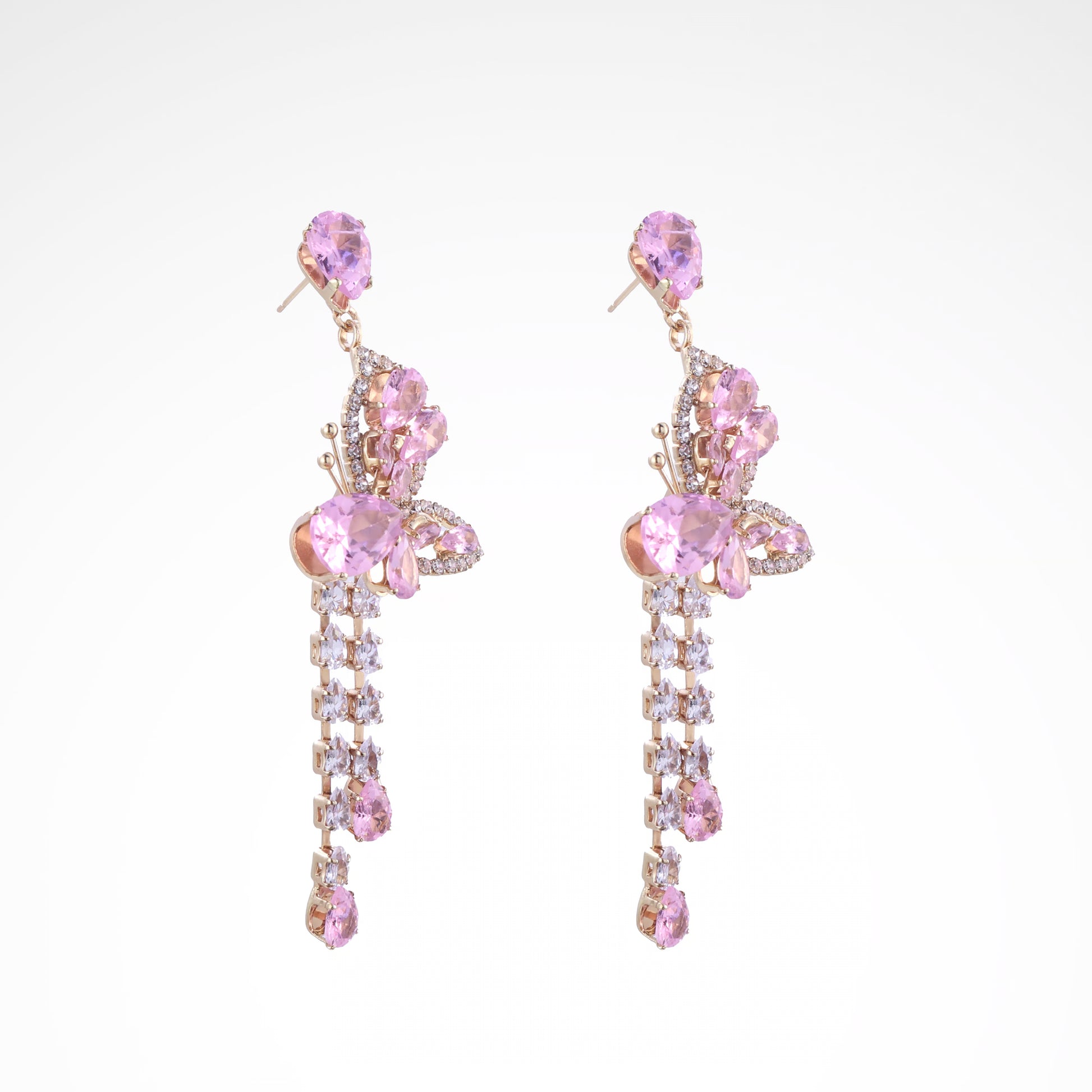 Whimsical Blush Butterfly Crystal Tassel Drop Earrings, white-gold plated copper with zircon stones with a white background