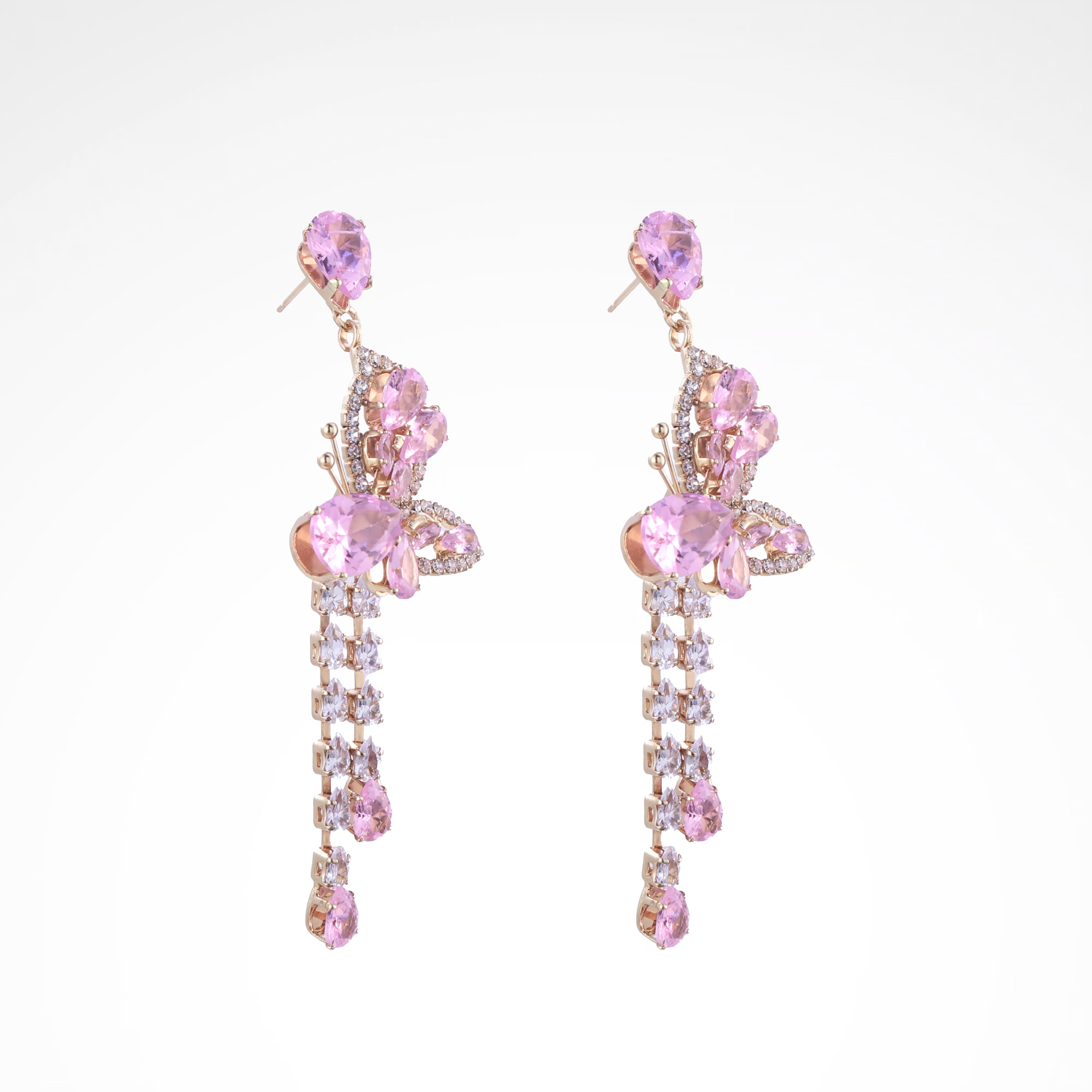 Whimsical Blush Butterfly Crystal Tassel Drop Earrings, white-gold plated copper with zircon stones with a white background