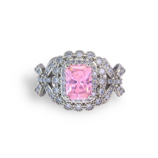 Double - halo designed ring, cushion - cut pink zircon, paved - Sparkslette