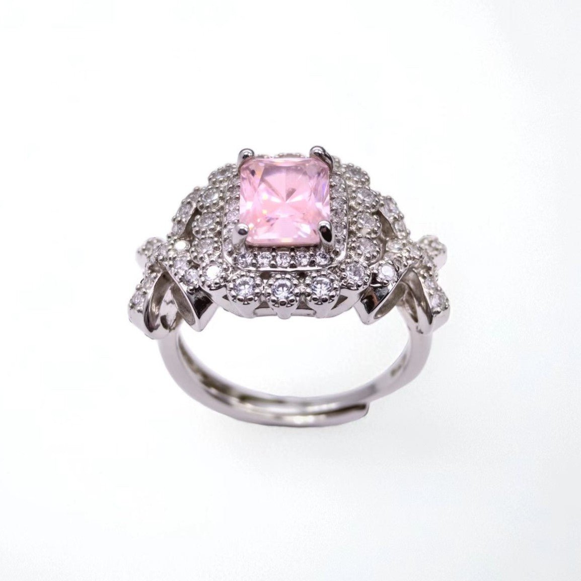 Double - halo designed ring, cushion - cut pink zircon, paved - Sparkslette