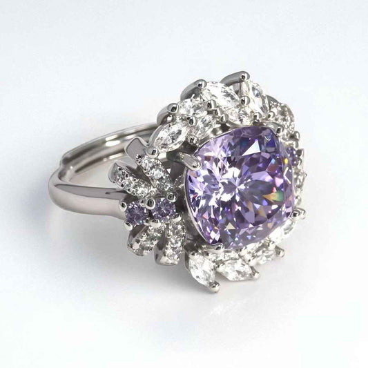 Double - row halo cluster ring, cushion - cut light purple zircon, paved - Sparkslette
