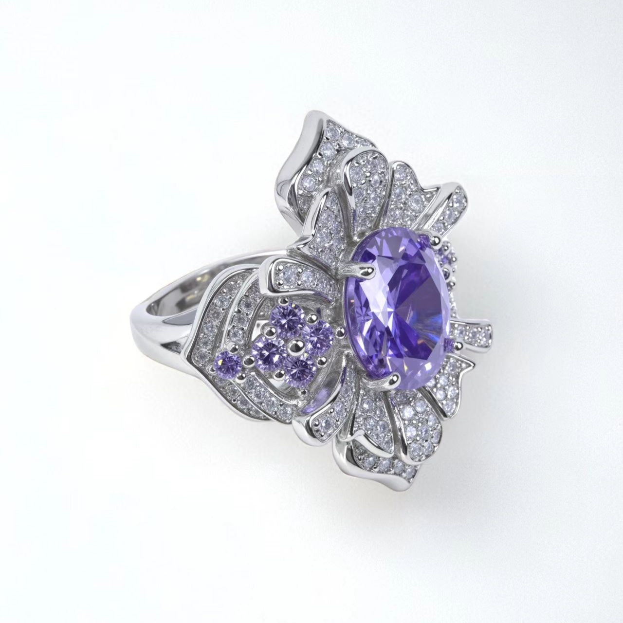 Floral Bloom ring, oval - cut purple zircon, paved - Sparkslette