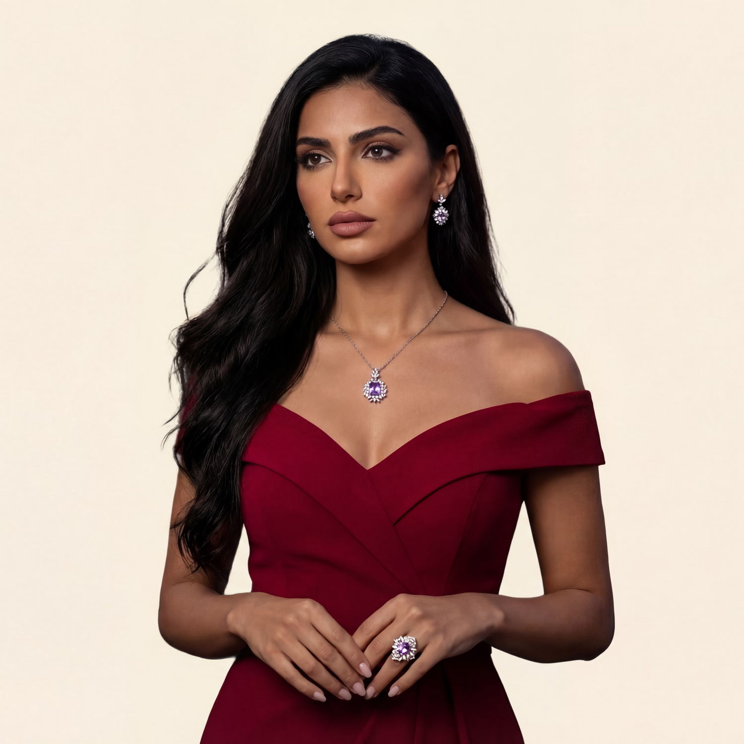 Woman wearing a red off-shoulder dress with jewelry on a beige background